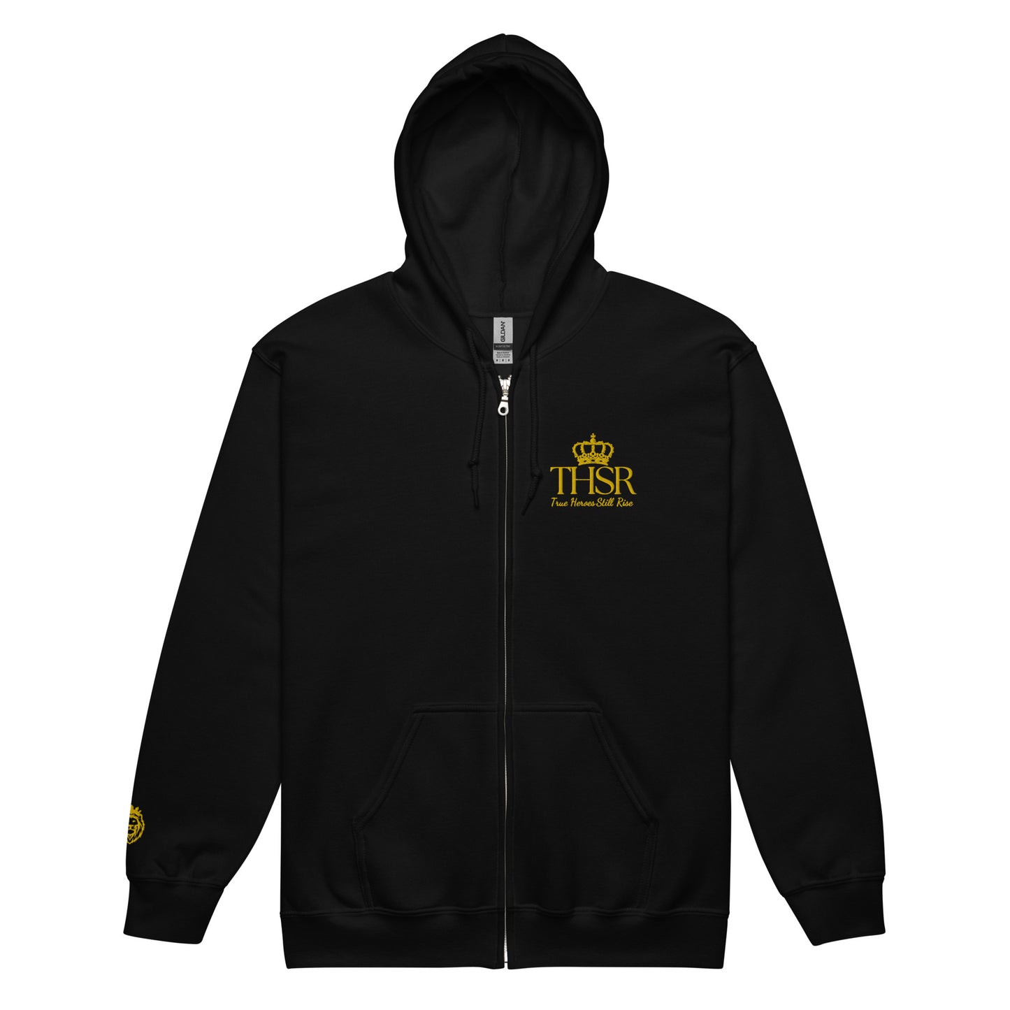 THSR Unisex Zip-up Hoodies - Black or White Zip-up Hoodie with Embroidered Gold "THSR True Heroes Still Rise" Design