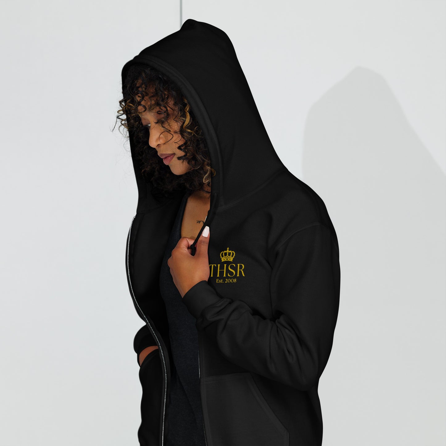 THSR Unisex Zip-up Hoodies - Black or White Zip-up Hoodie with Embroidered Gold "THSR Est. 2008" Design