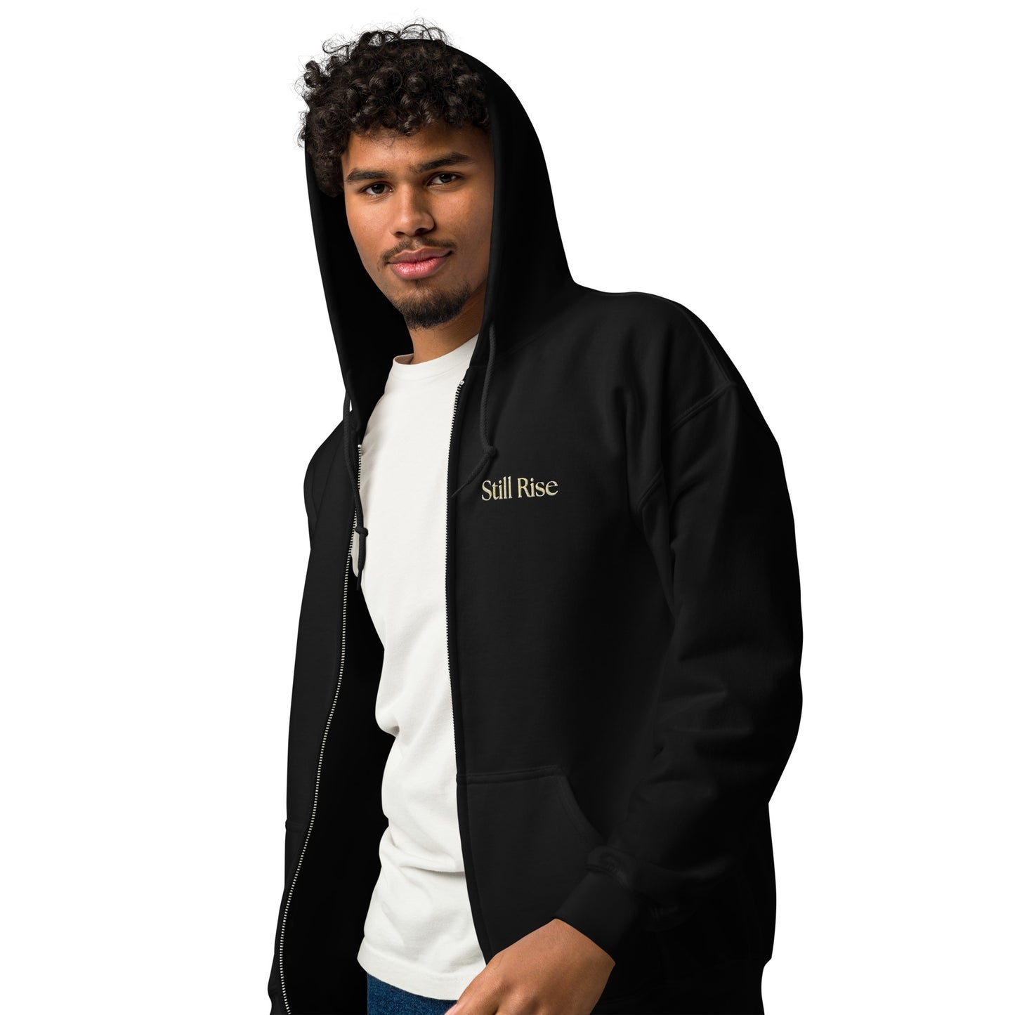 THSR Unisex Zip-up Hoodies - Black or White Zip-up Hoodie with Embroidered Gold "Still Rise" Design