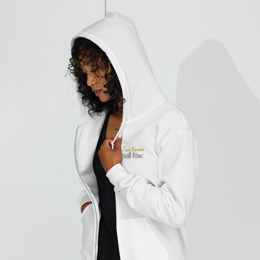 THSR Unisex White Zip-up Hoodies - Embroidered Bold Gold and Black "True Heroes Still Rise" Design