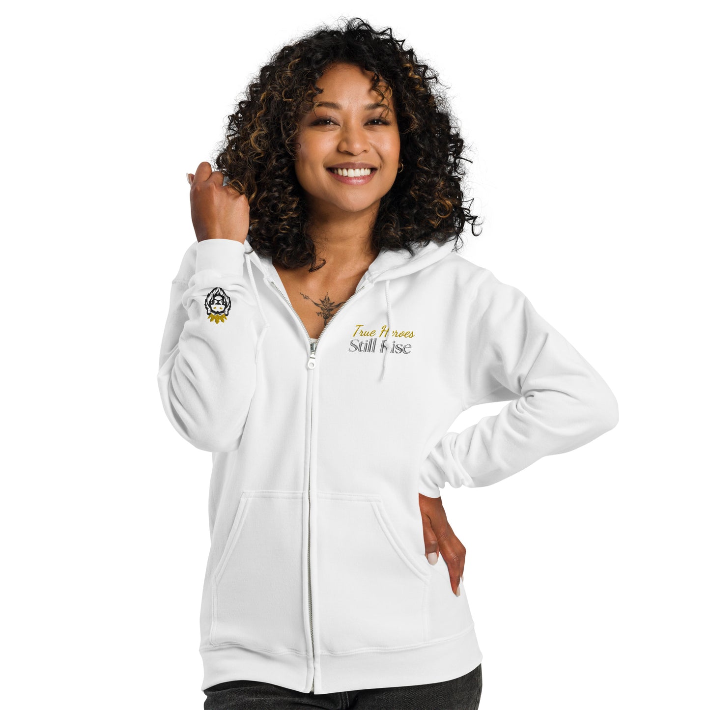 THSR Unisex White Zip-up Hoodies - Embroidered Bold Gold and Black "True Heroes Still Rise" Design