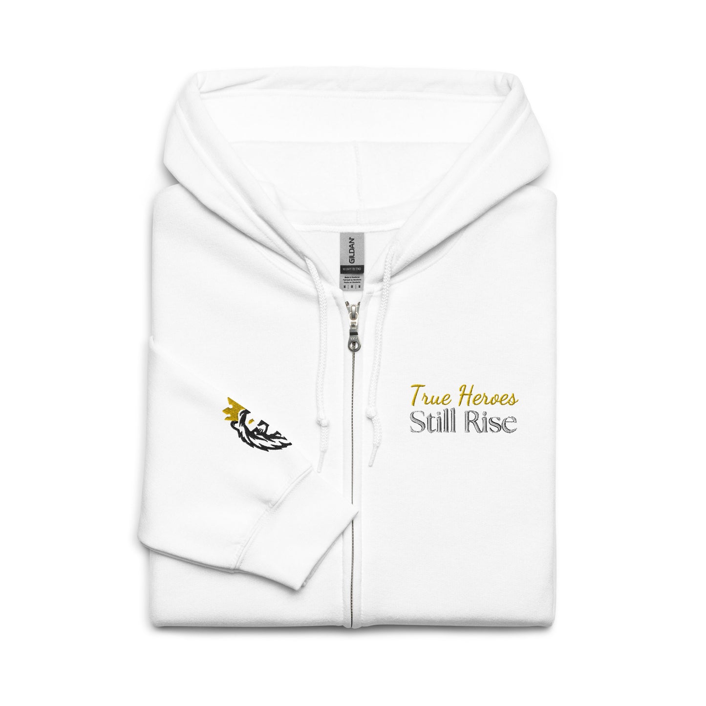 THSR Unisex White Zip-up Hoodies - Embroidered Bold Gold and Black "True Heroes Still Rise" Design