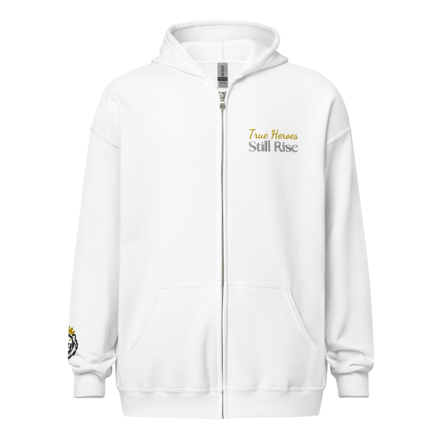 THSR Unisex White Zip-up Hoodies - Embroidered Bold Gold and Black "True Heroes Still Rise" Design