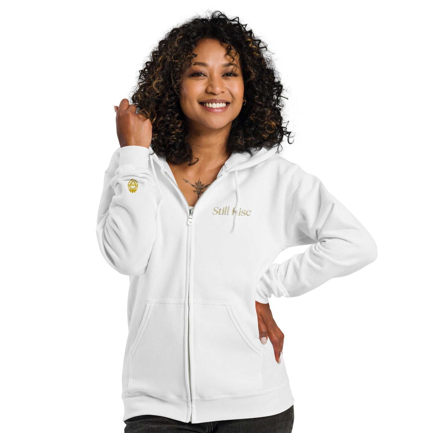 THSR Unisex Zip-up Hoodies - Black or White Zip-up Hoodie with Embroidered Gold "Still Rise" Design