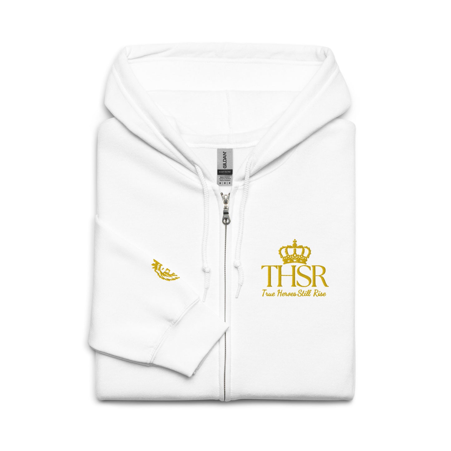 THSR Unisex Zip-up Hoodies - Black or White Zip-up Hoodie with Embroidered Gold "THSR True Heroes Still Rise" Design