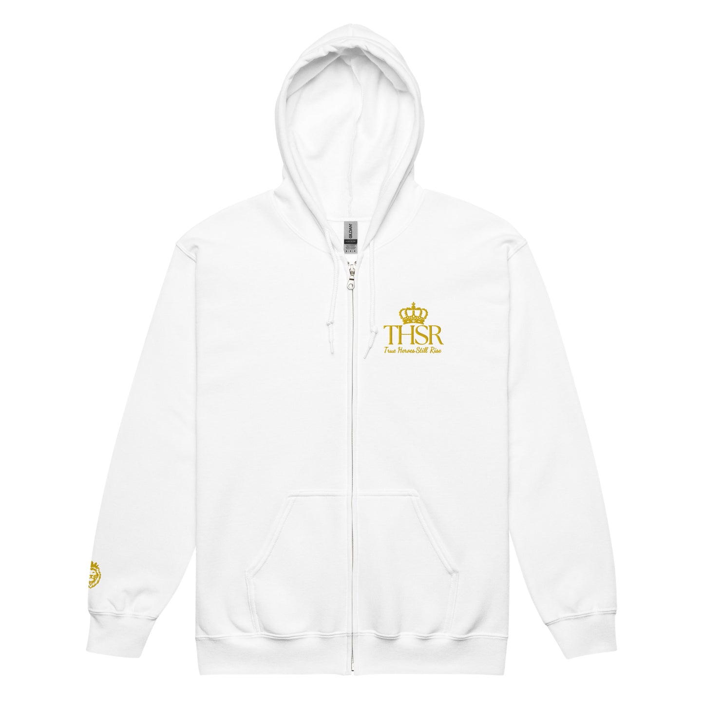 THSR Unisex Zip-up Hoodies - Black or White Zip-up Hoodie with Embroidered Gold "THSR True Heroes Still Rise" Design