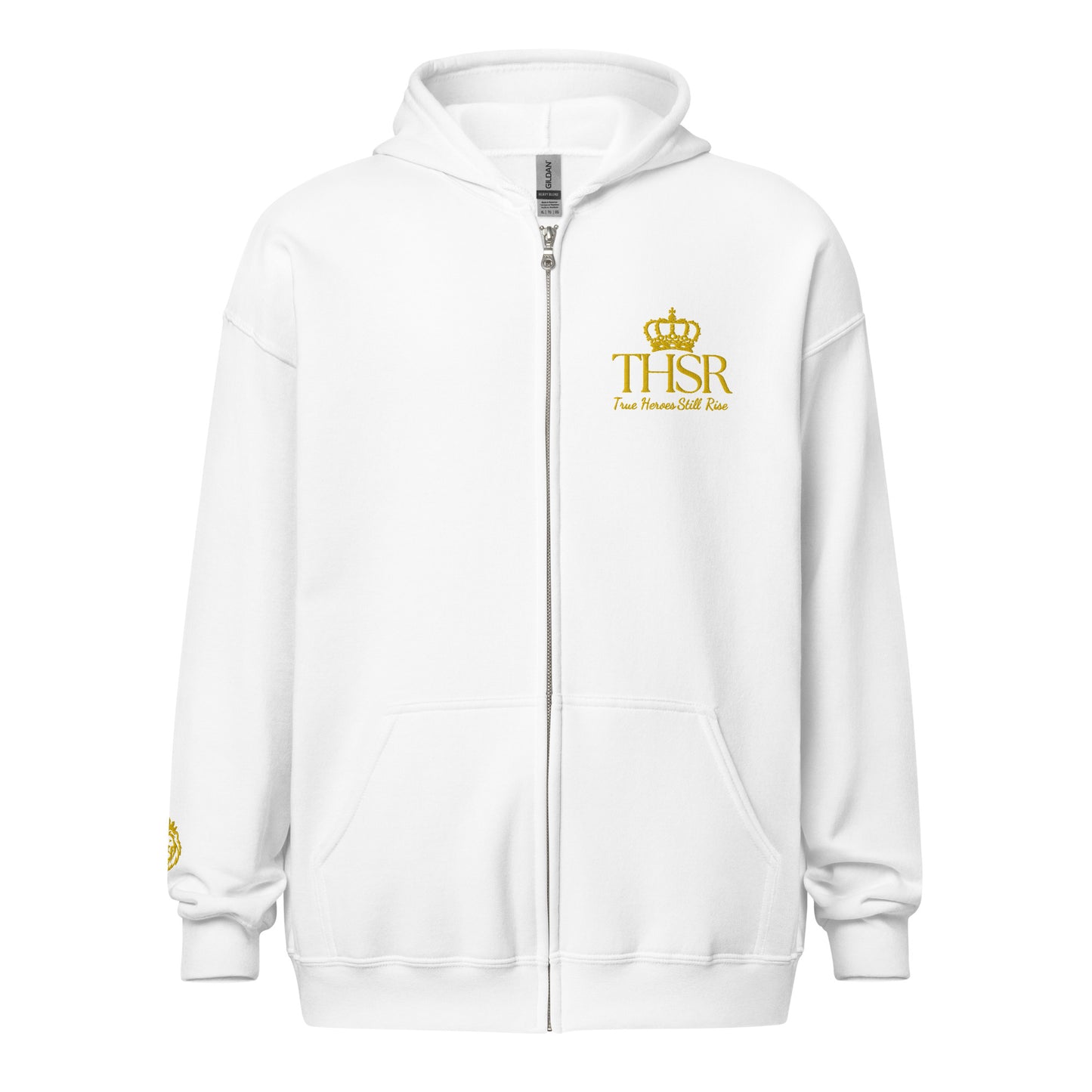 THSR Unisex Zip-up Hoodies - Black or White Zip-up Hoodie with Embroidered Gold "THSR True Heroes Still Rise" Design