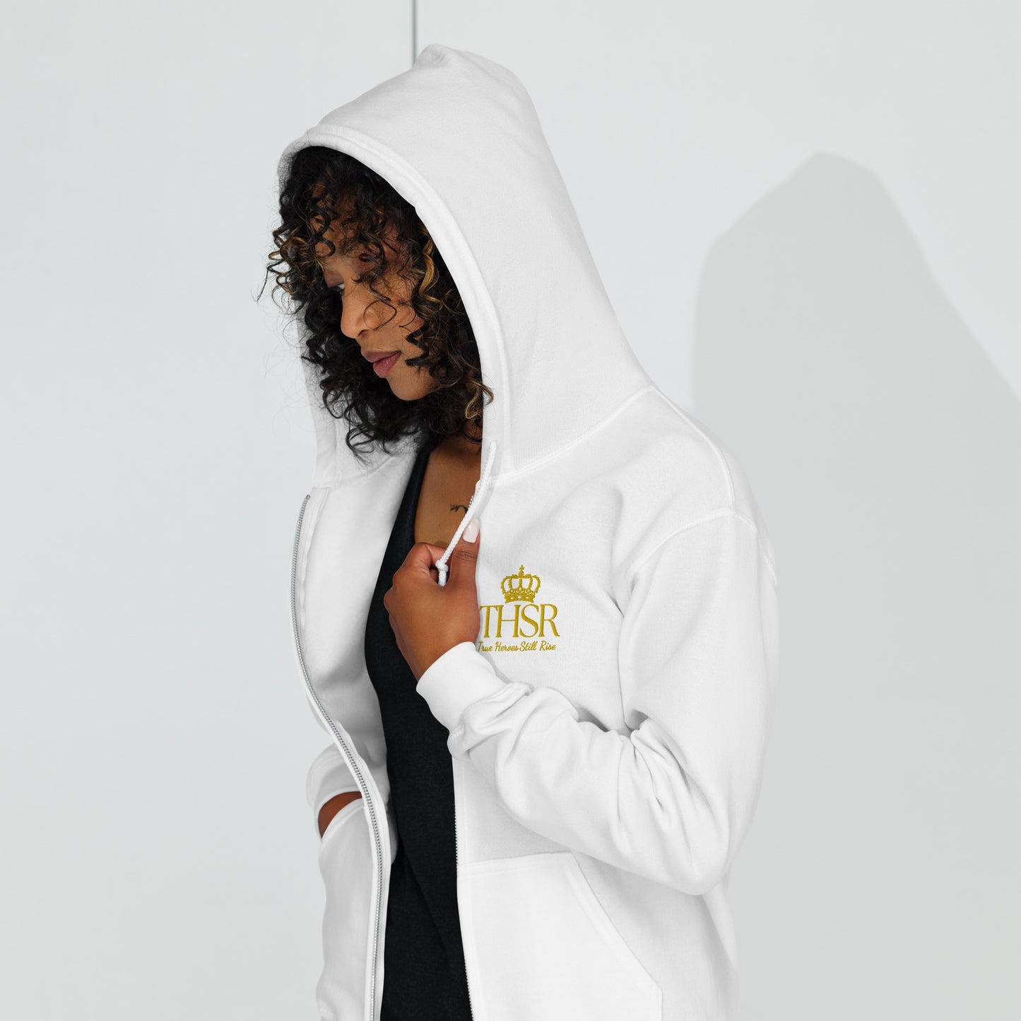 THSR Unisex Zip-up Hoodies - Black or White Zip-up Hoodie with Embroidered Gold "THSR True Heroes Still Rise" Design