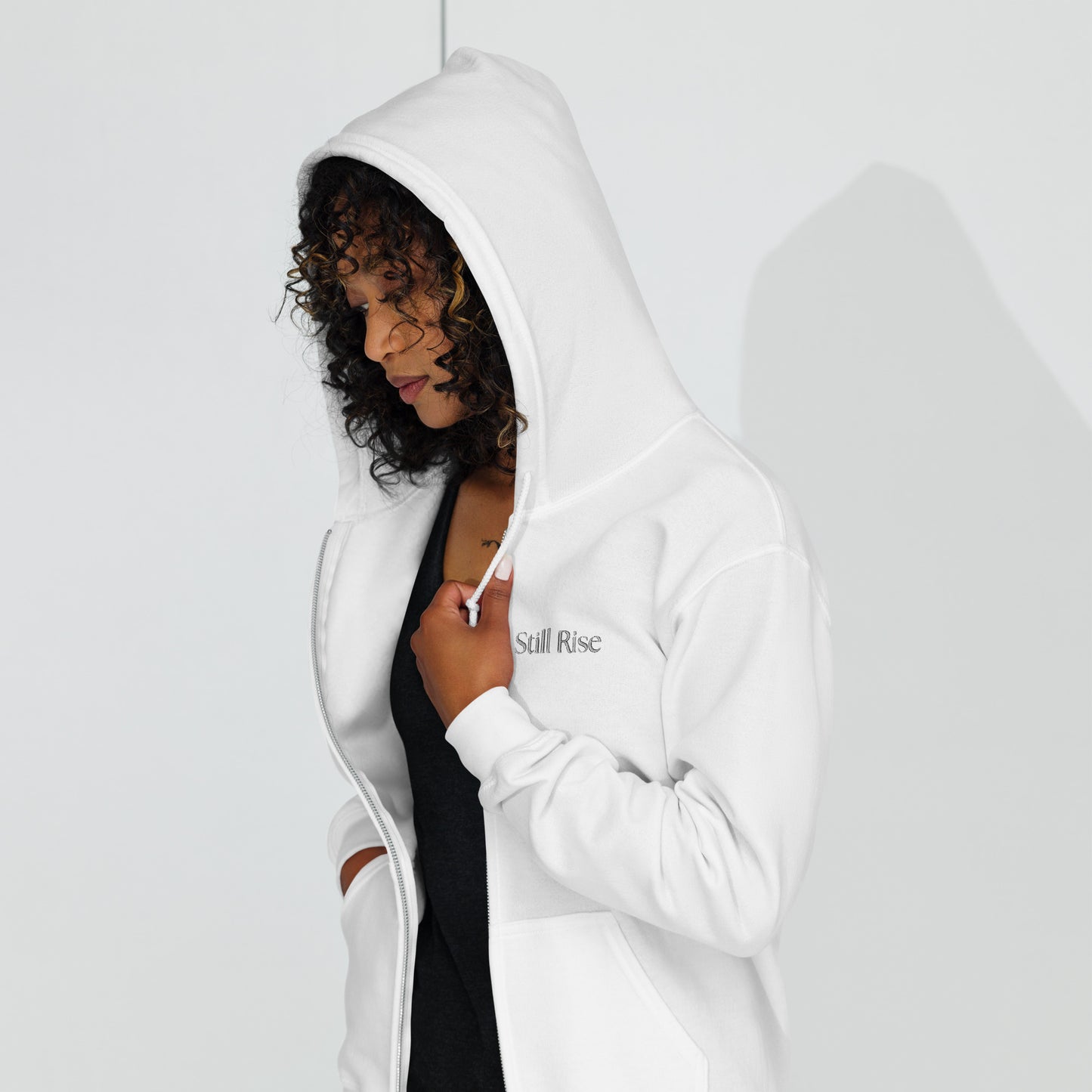 THSR Unisex White Zip-up Hoodies - Embroidered Bold Black "Still Rise" Design