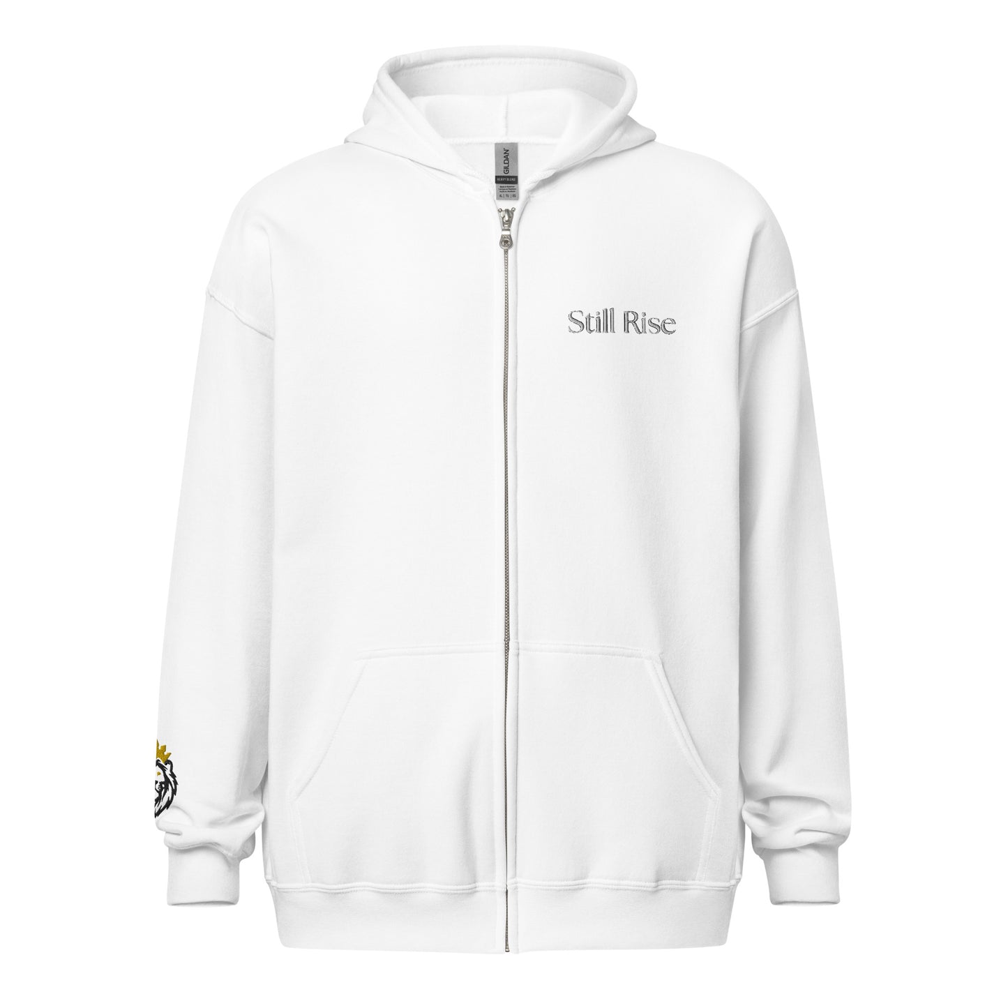 THSR Unisex White Zip-up Hoodies - Embroidered Bold Black "Still Rise" Design