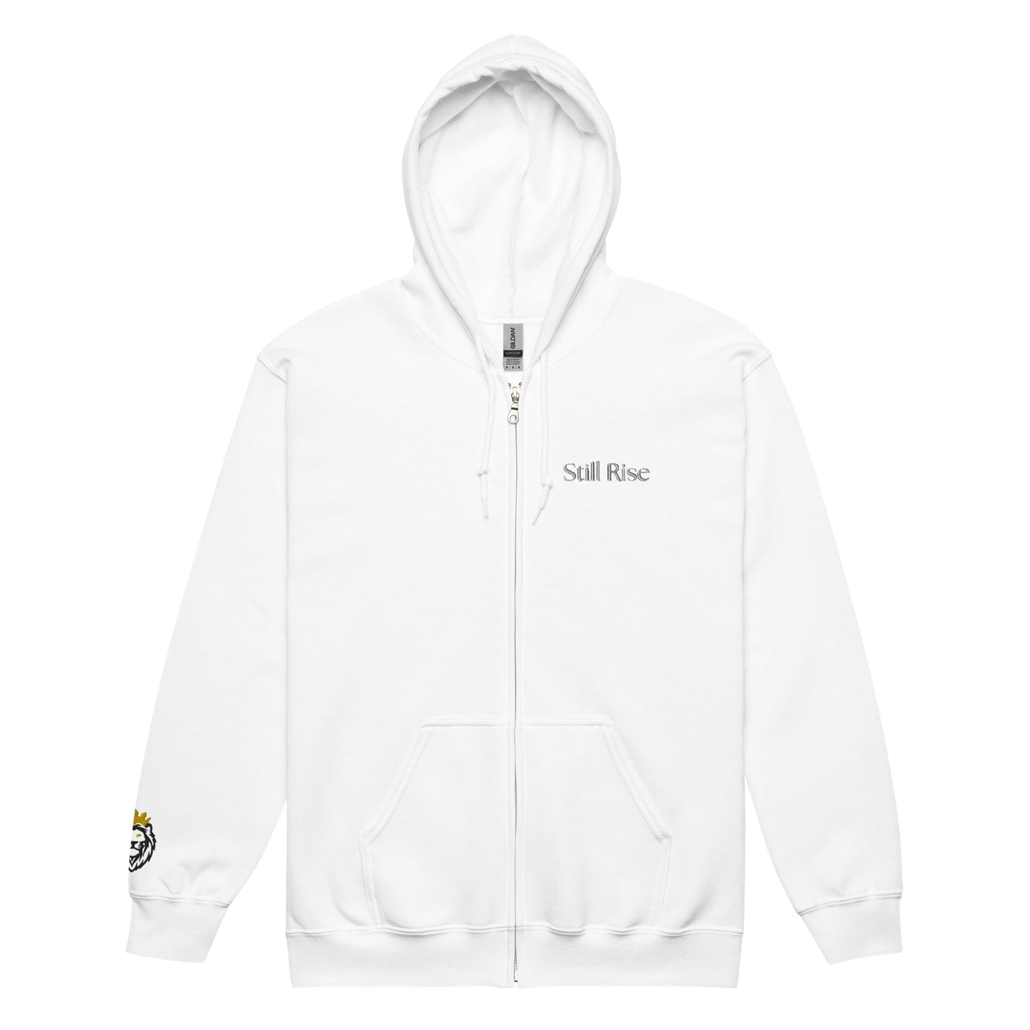 THSR Unisex White Zip-up Hoodies - Embroidered Bold Black "Still Rise" Design