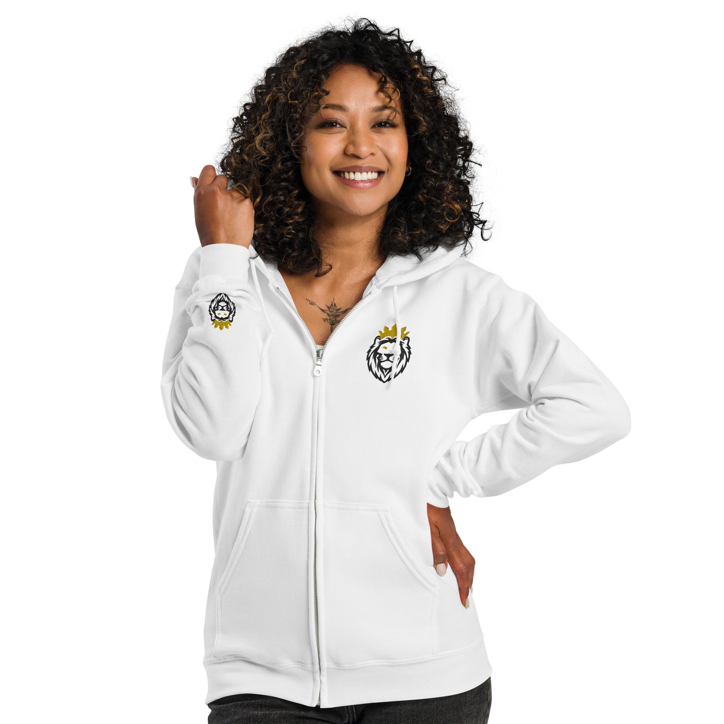 THSR Unisex White Zip-up Hoodies - Embroidered Black & Gold THSR KING Lion Design