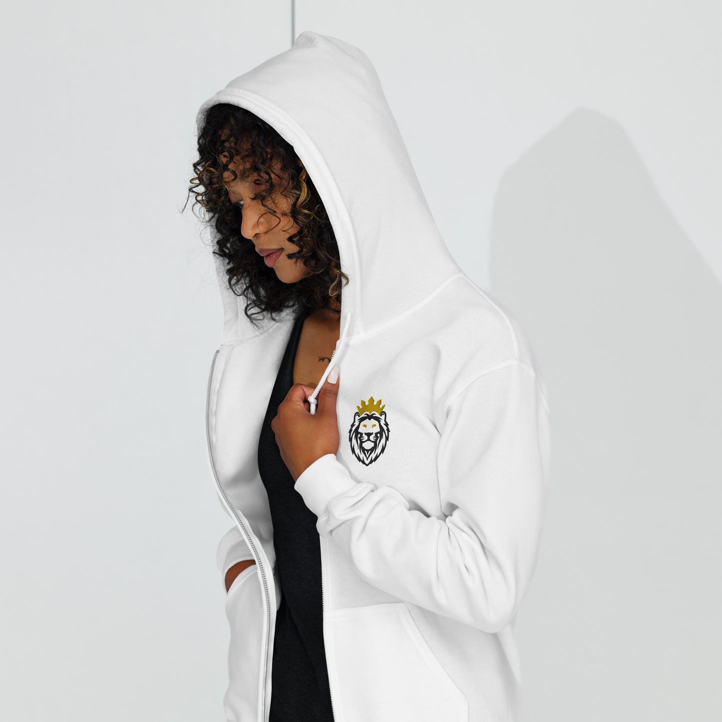 THSR Unisex White Zip-up Hoodies - Embroidered Black & Gold THSR KING Lion Design