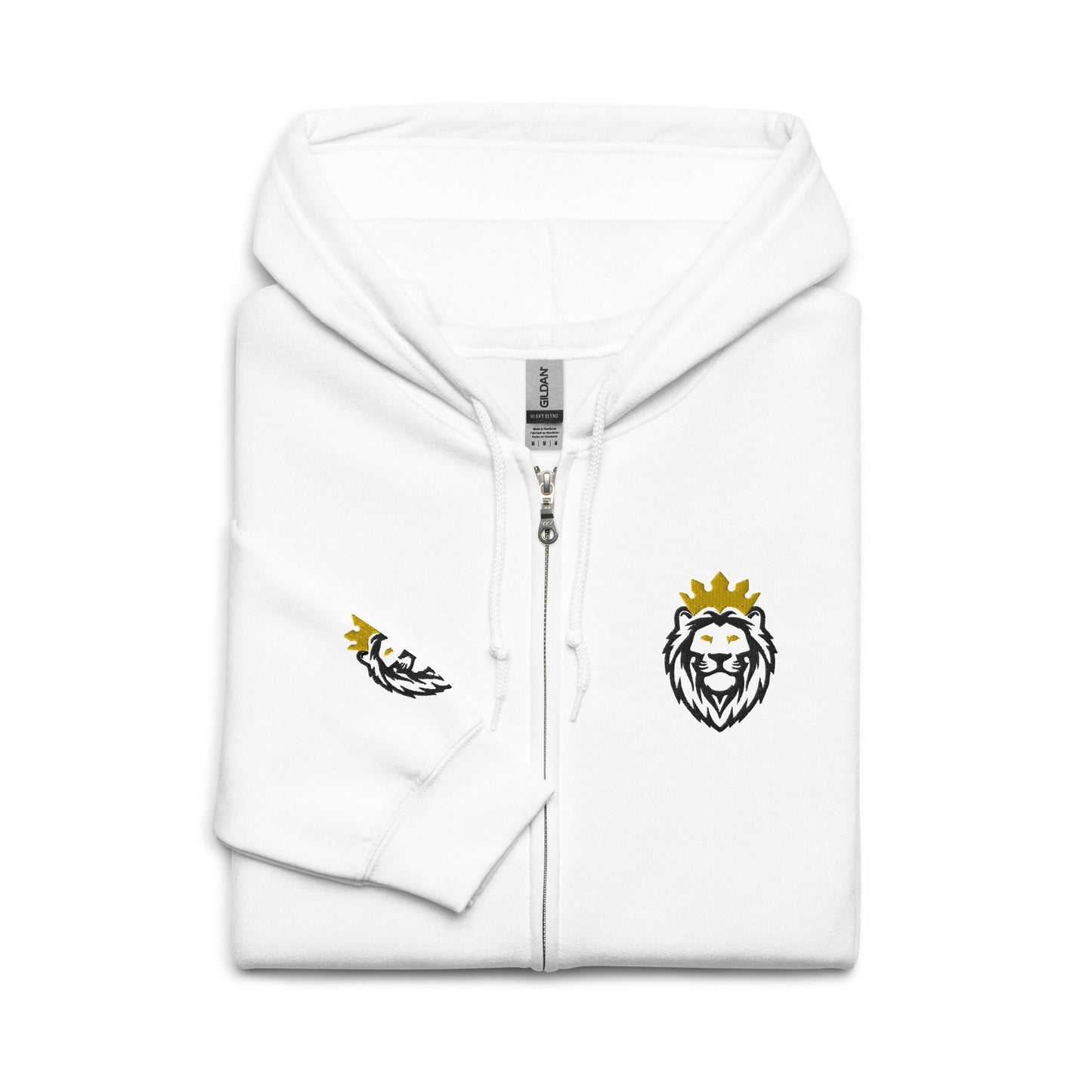 THSR Unisex White Zip-up Hoodies - Embroidered Black & Gold THSR KING Lion Design