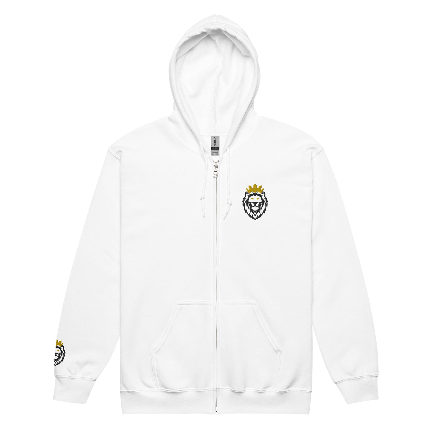 THSR Unisex White Zip-up Hoodies - Embroidered Black & Gold THSR KING Lion Design