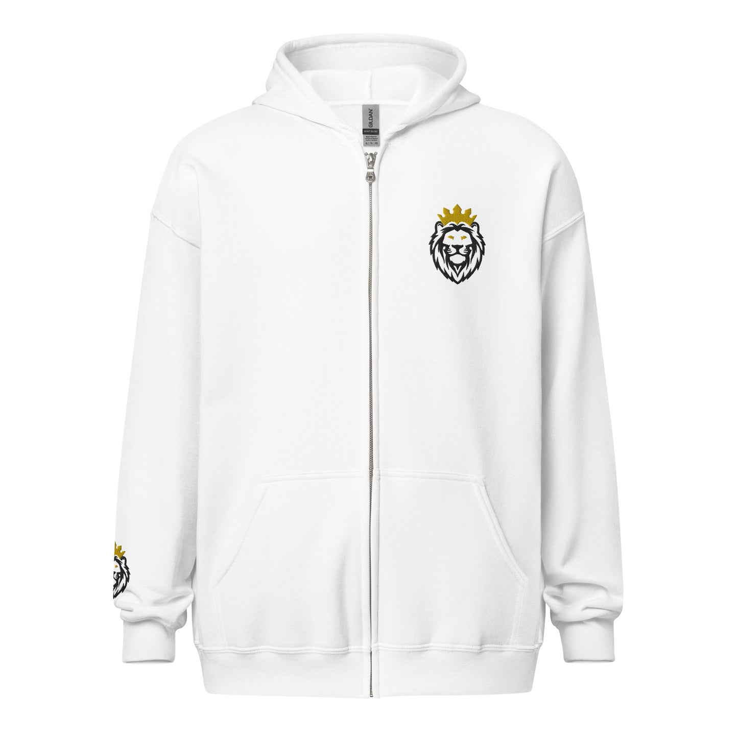 THSR Unisex White Zip-up Hoodies - Embroidered Black & Gold THSR KING Lion Design