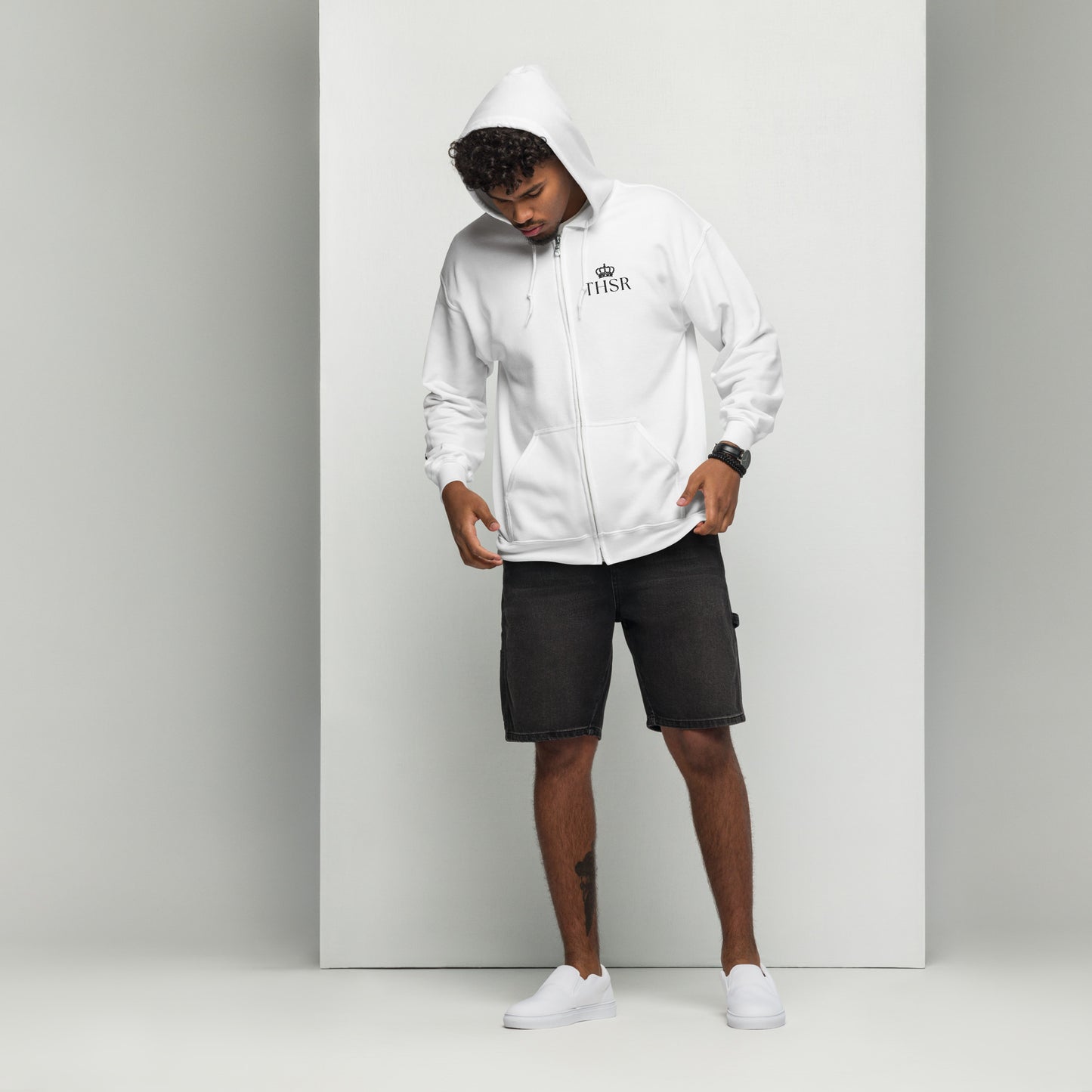 THSR Unisex White Zip-up Hoodies - Embroidered Black "THSR" Design