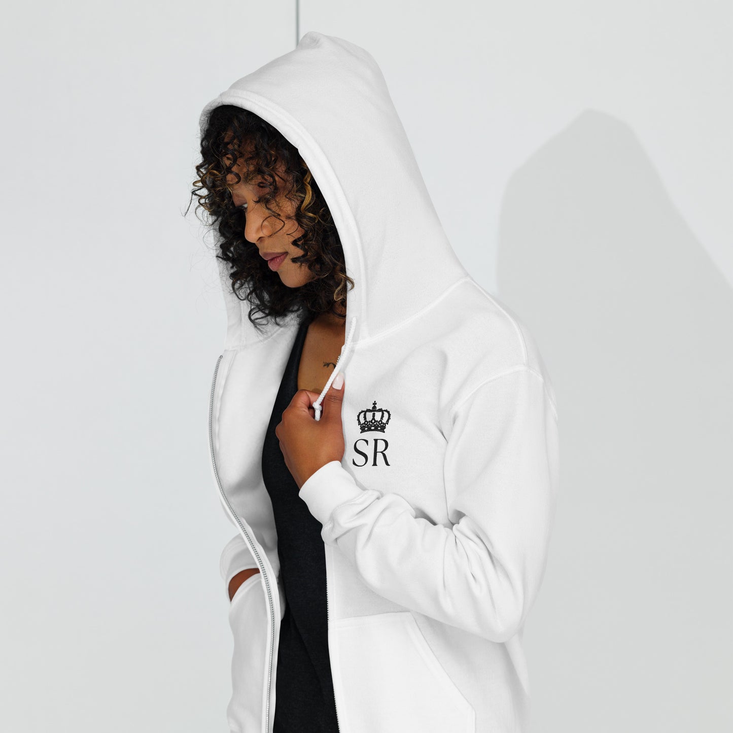 THSR Unisex White Zip-up Hoodies - Embroidered Black "SR" Design