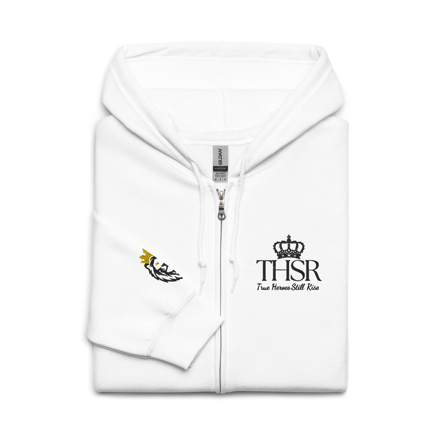 THSR Unisex White Zip-up Hoodies - Embroidered Black "THSR True Heroes Still Rise" Design