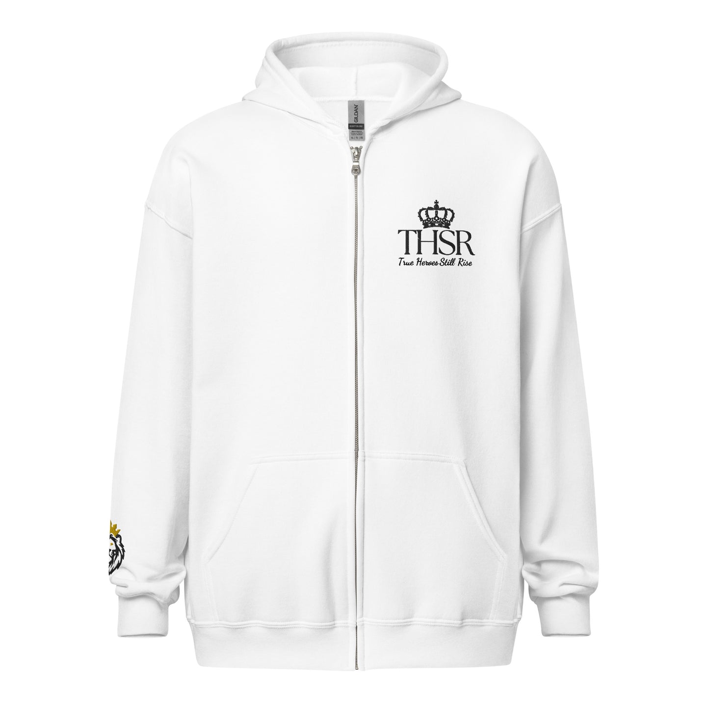 THSR Unisex White Zip-up Hoodies - Embroidered Black "THSR True Heroes Still Rise" Design