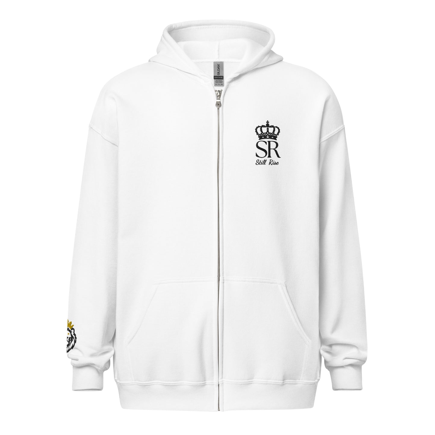 THSR Unisex White Zip-up Hoodies - Embroidered Black "SR Still Rise" Design