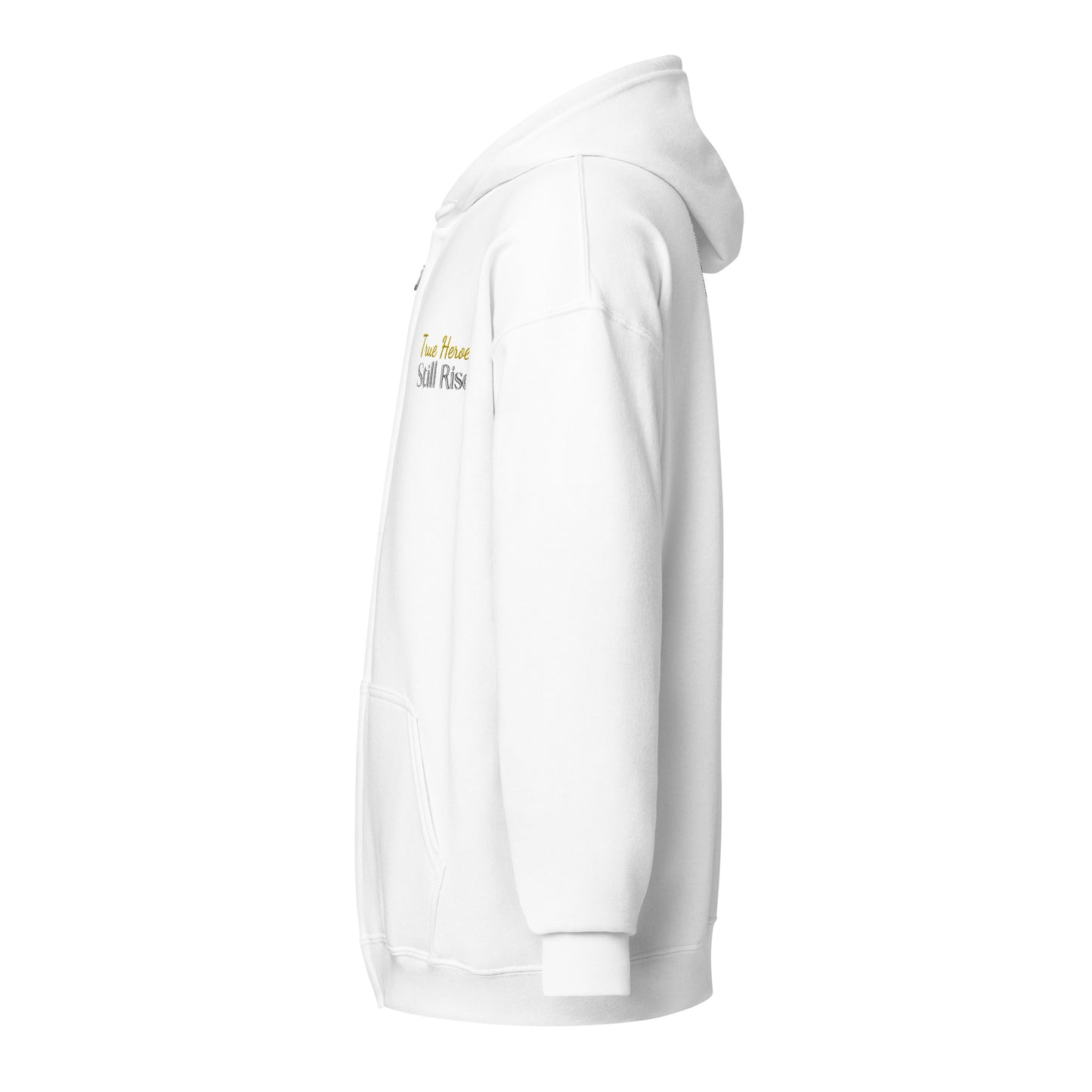 THSR Unisex White Zip-up Hoodies - Embroidered Bold Gold and Black "True Heroes Still Rise" Design