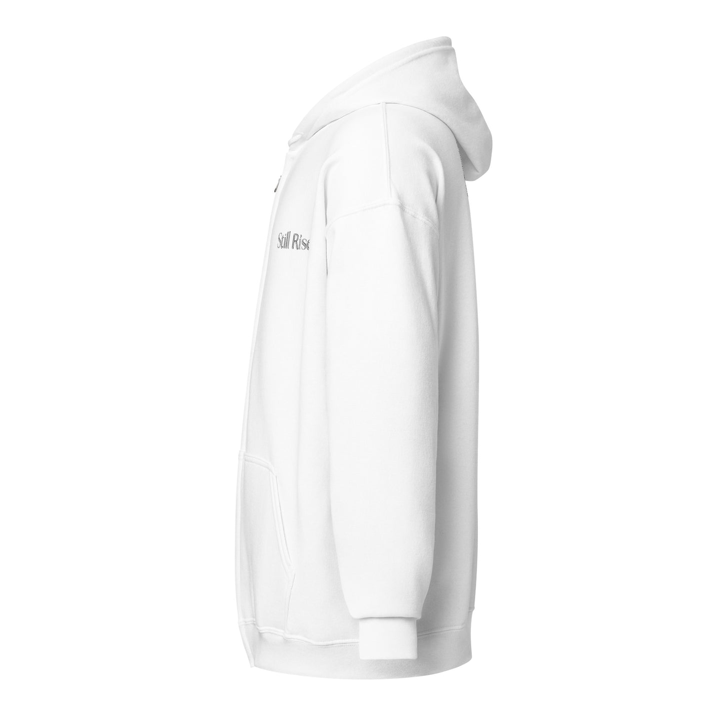 THSR Unisex White Zip-up Hoodies - Embroidered Bold Black "Still Rise" Design