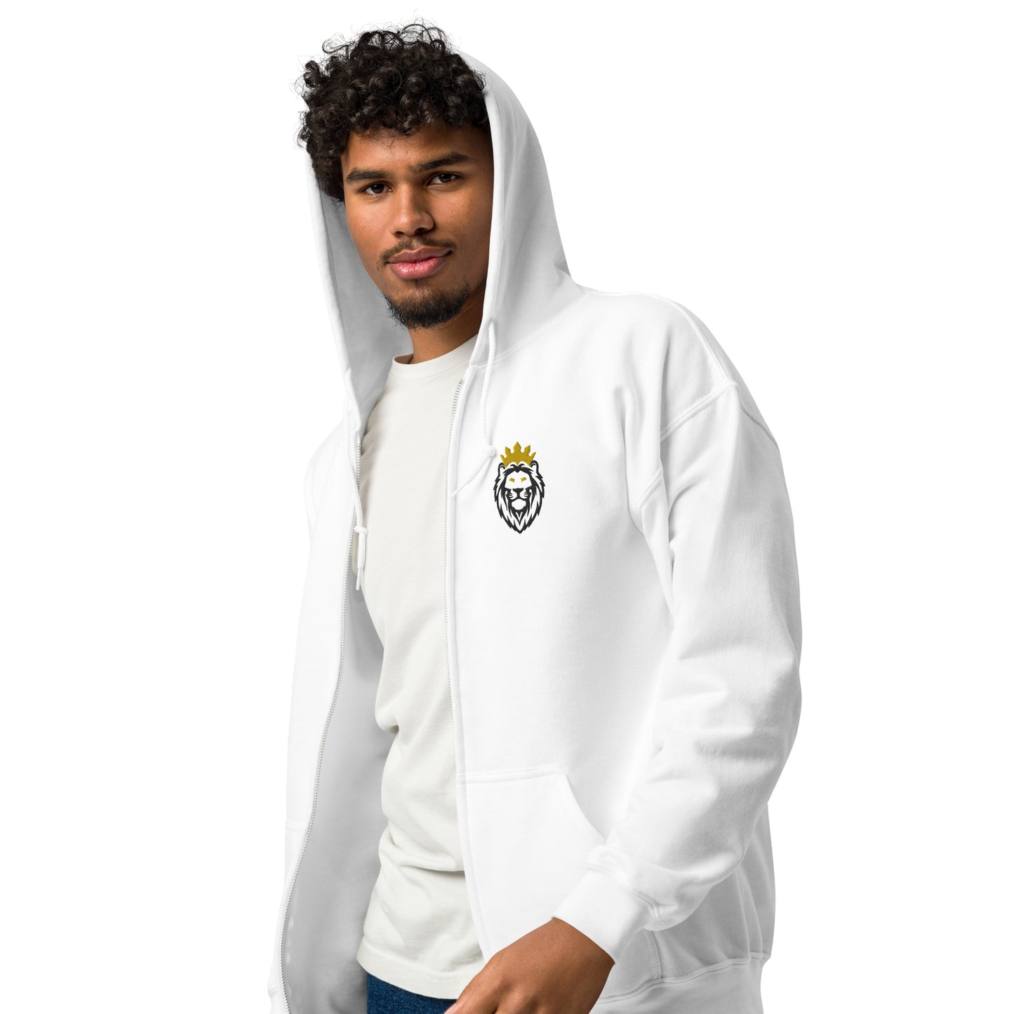 THSR Unisex White Zip-up Hoodies - Embroidered Black & Gold THSR KING Lion Design