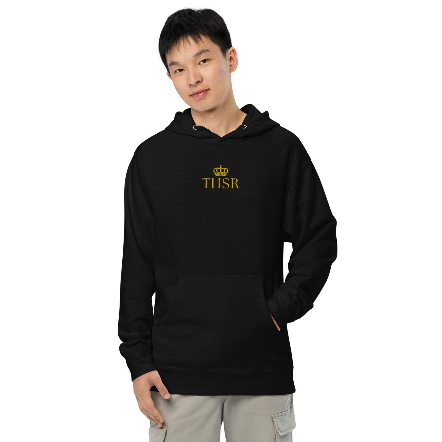 THSR Adult Pullover Hoodie with Center-Chest Logo – Black or White Pullover Hoodies Featuring Gold "THSR" under a crown Design for Adults