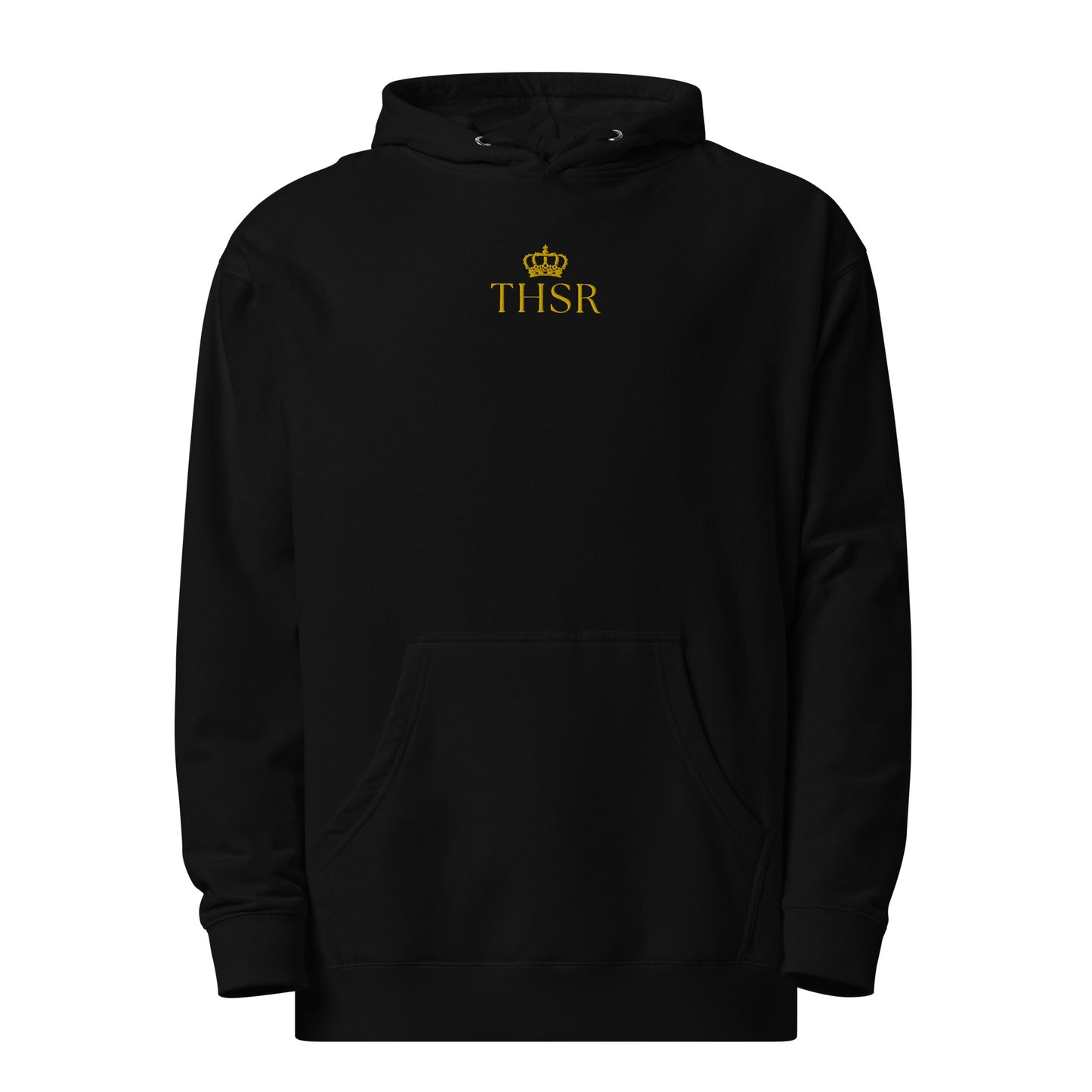 THSR Adult Pullover Hoodie with Center-Chest Logo – Black or White Pullover Hoodies Featuring Gold "THSR" under a crown Design for Adults