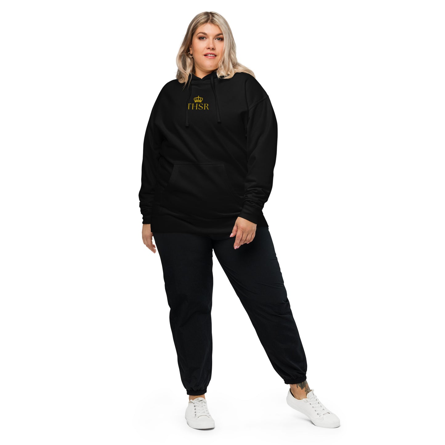 THSR Adult Pullover Hoodie with Center-Chest Logo – Black or White Pullover Hoodies Featuring Gold "THSR" under a crown Design for Adults