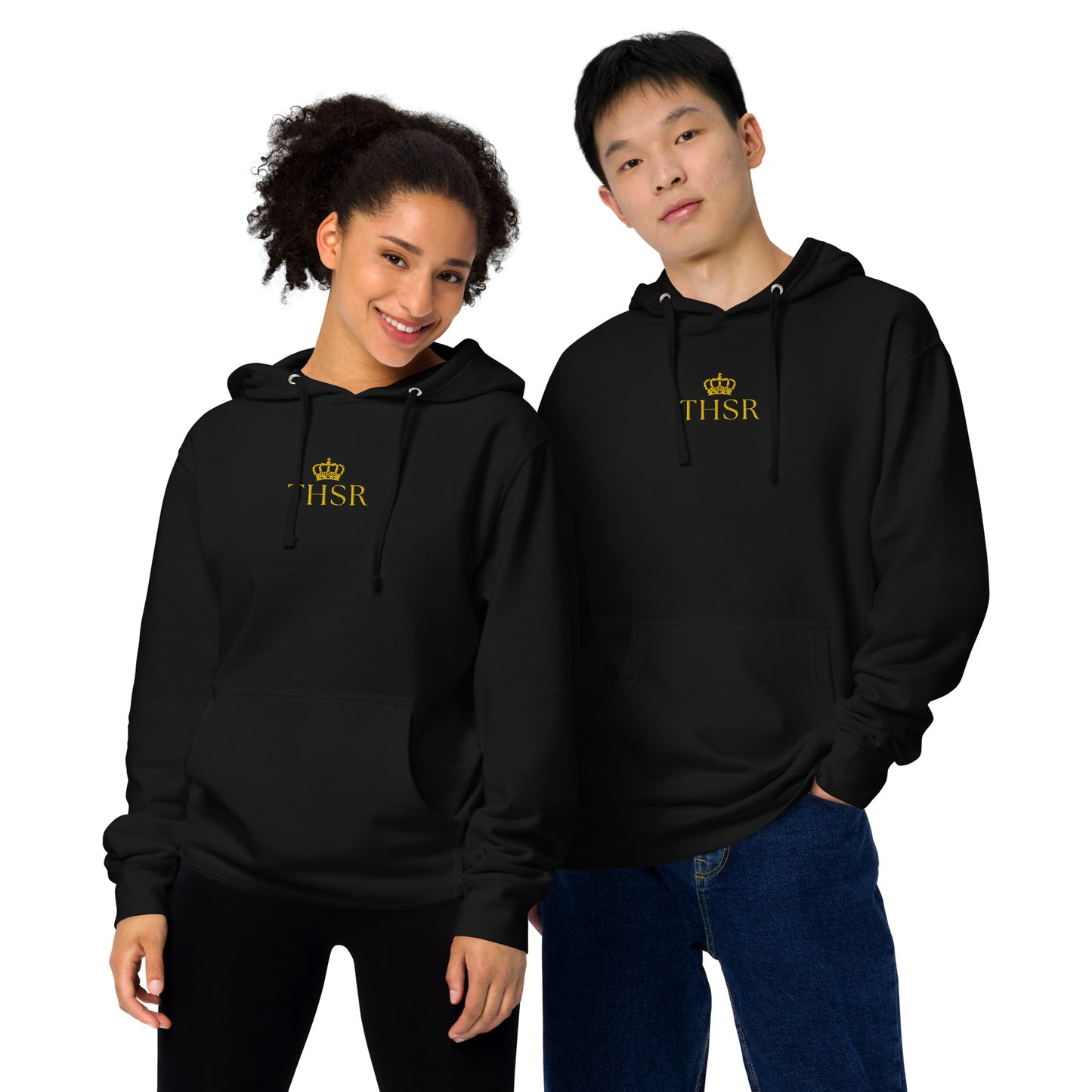 THSR Adult Pullover Hoodie with Center-Chest Logo – Black or White Pullover Hoodies Featuring Gold "THSR" under a crown Design for Adults