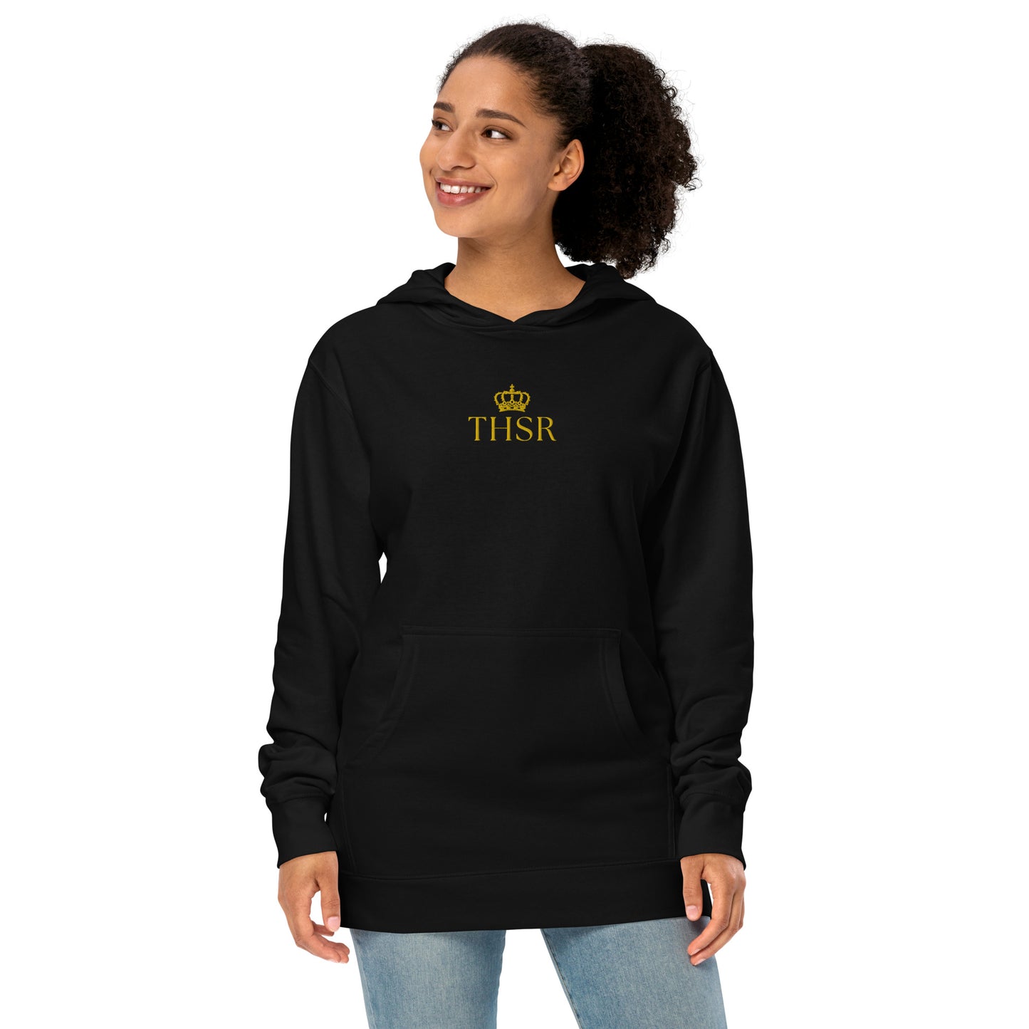 THSR Adult Pullover Hoodie with Center-Chest Logo – Black or White Pullover Hoodies Featuring Gold "THSR" under a crown Design for Adults