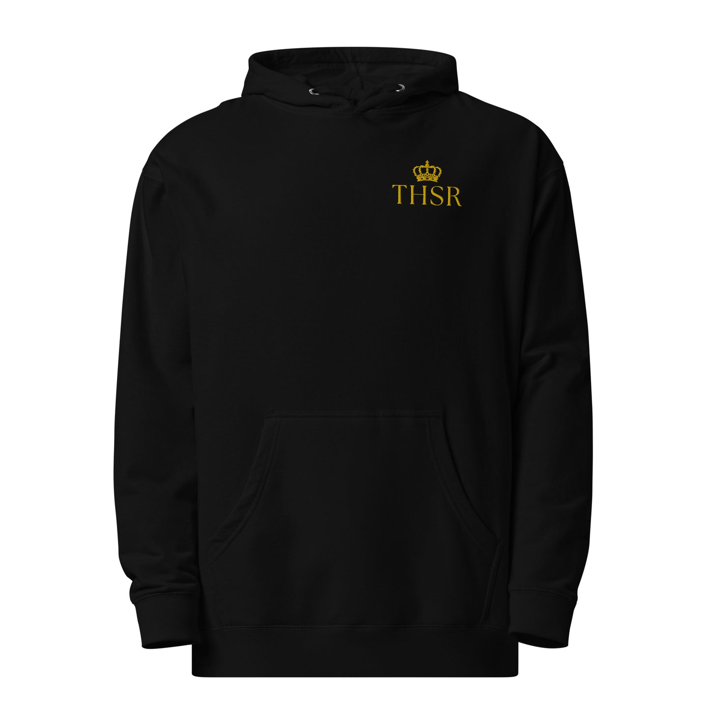 THSR Adult Pullover Hoodie with Left-Chest Logo – Black or White Pullover Hoodies Featuring Gold "THSR" under a crown Design for Adults