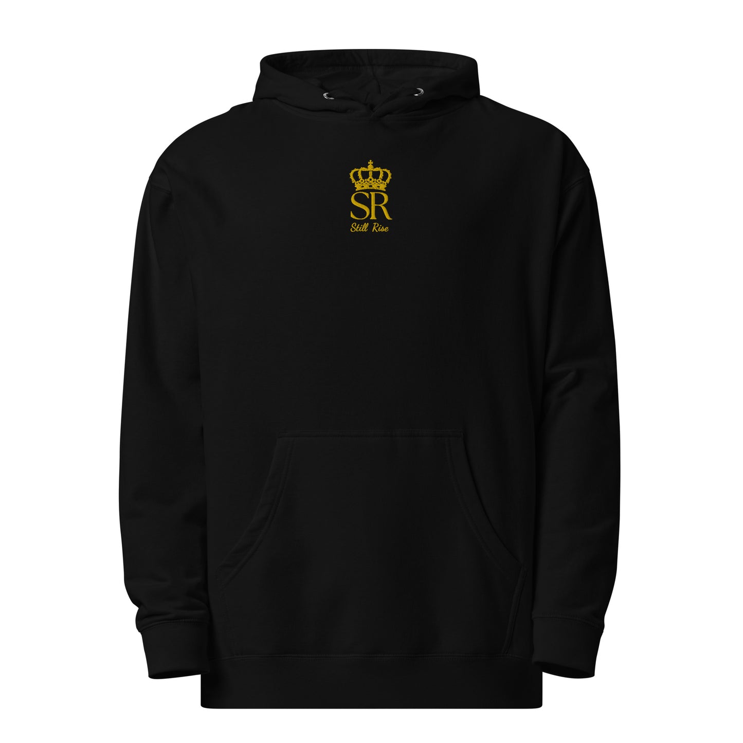 THSR Adult Pullover Hoodie with Center-Chest Logo – Black or White Pullover Hoodies Featuring Gold THSR "SR Still Rise" under a crown Design for Adults