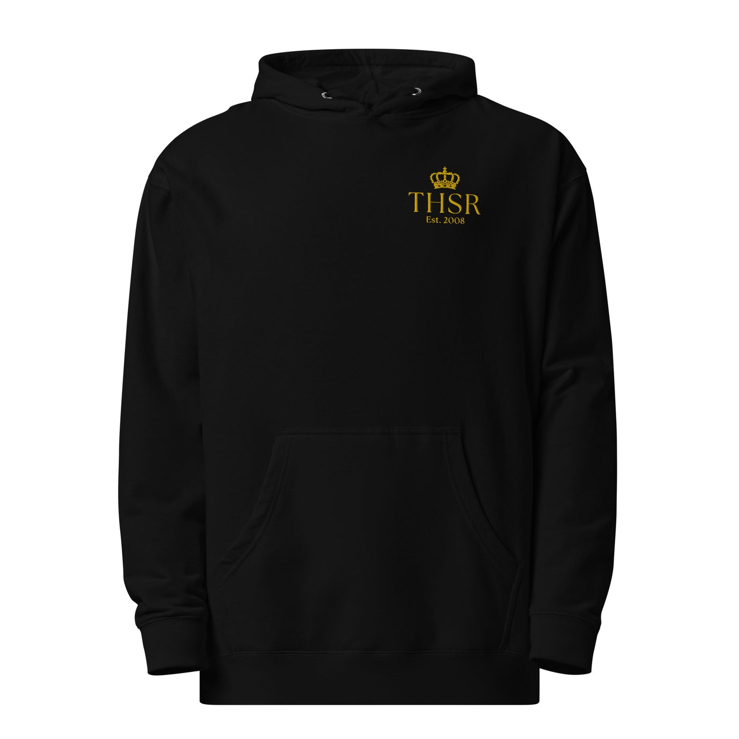 THSR Adult Pullover Hoodie with Left-Chest Logo –Black or White Pullover Hoodies Featuring Gold "THSR Est. 2008" under a crown Design for Adults