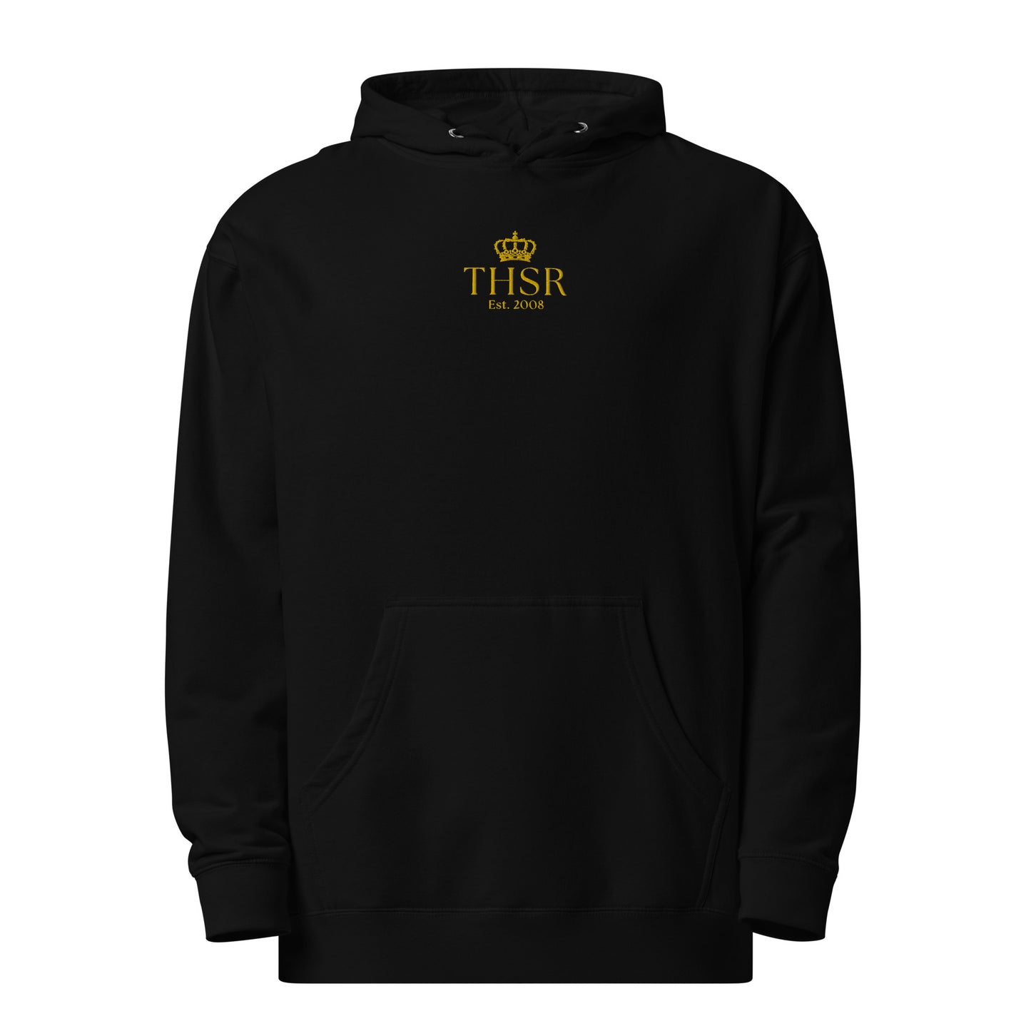 THSR Adult Pullover Hoodie with Center-Chest Logo – Black or White Pullover Hoodies Featuring Gold "THSR Est. 2008" under a crown Design for Adults