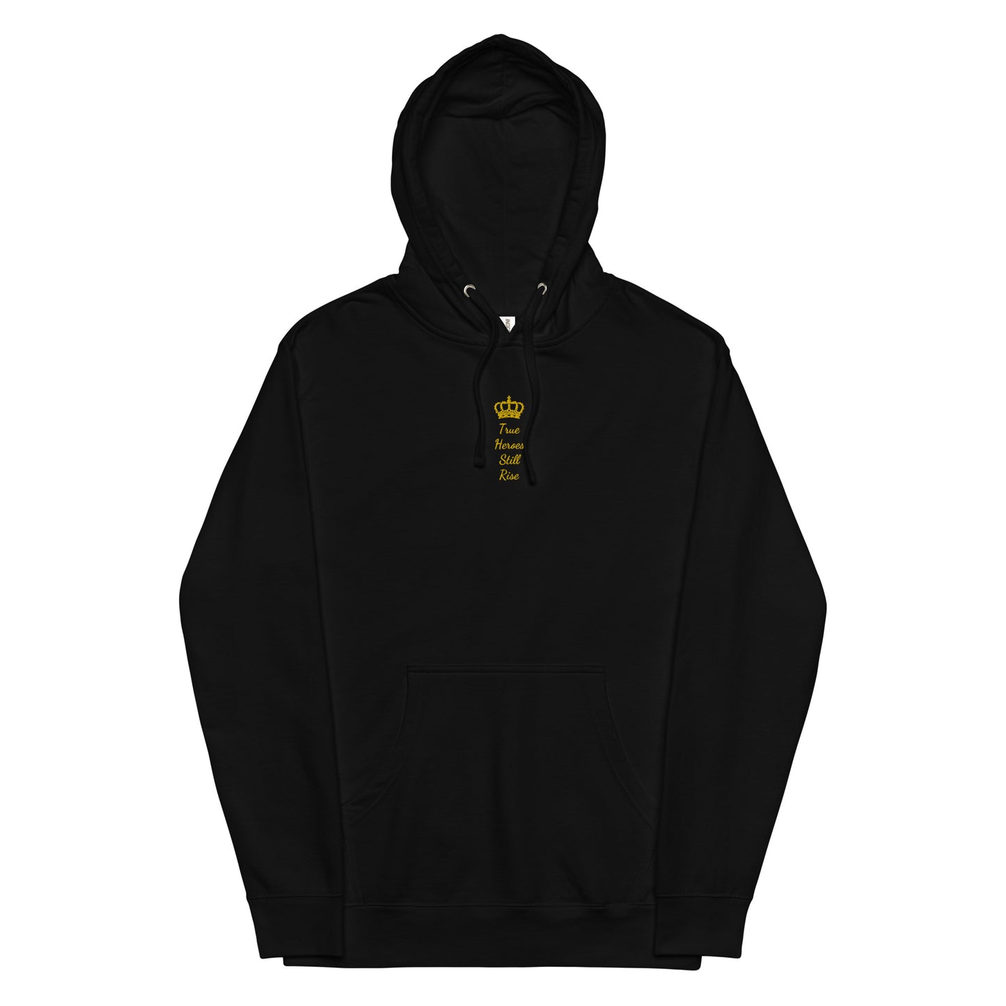 THSR Adult Pullover Hoodie with Center-Chest Logo – Black or White Pullover Hoodies Featuring Gold "True Heroes Still Rise" under a crown Design for Adults