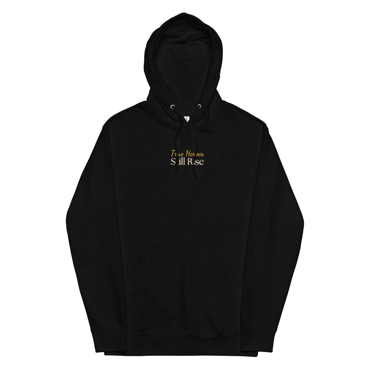 THSR Adult Pullover Hoodie with Center-Chest Logo – Black or White Pullover Hoodies Featuring Bold Gold and White "True Heroes Still Rise" Design for Adults