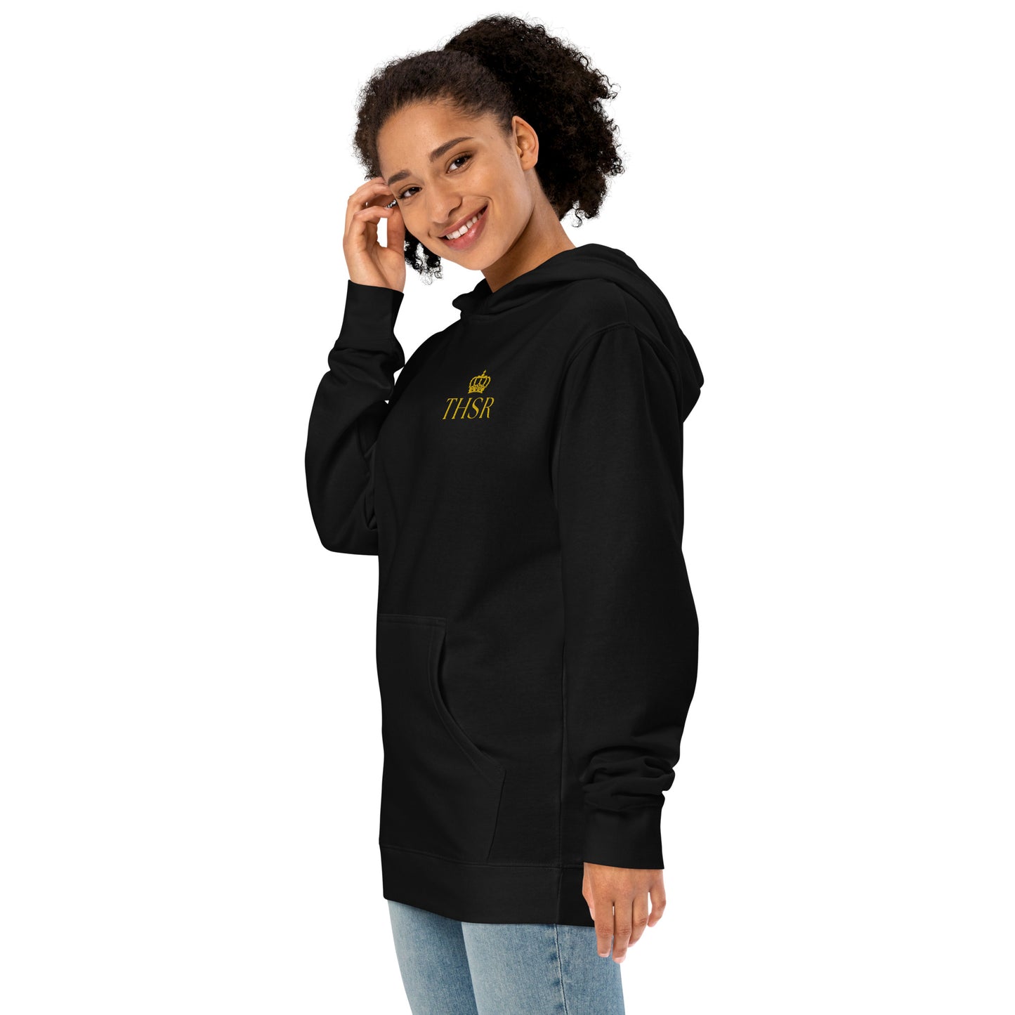 THSR Adult Pullover Hoodie with Left-Chest Logo – Black or White Pullover Hoodies Featuring Gold "THSR" under a crown Design for Adults