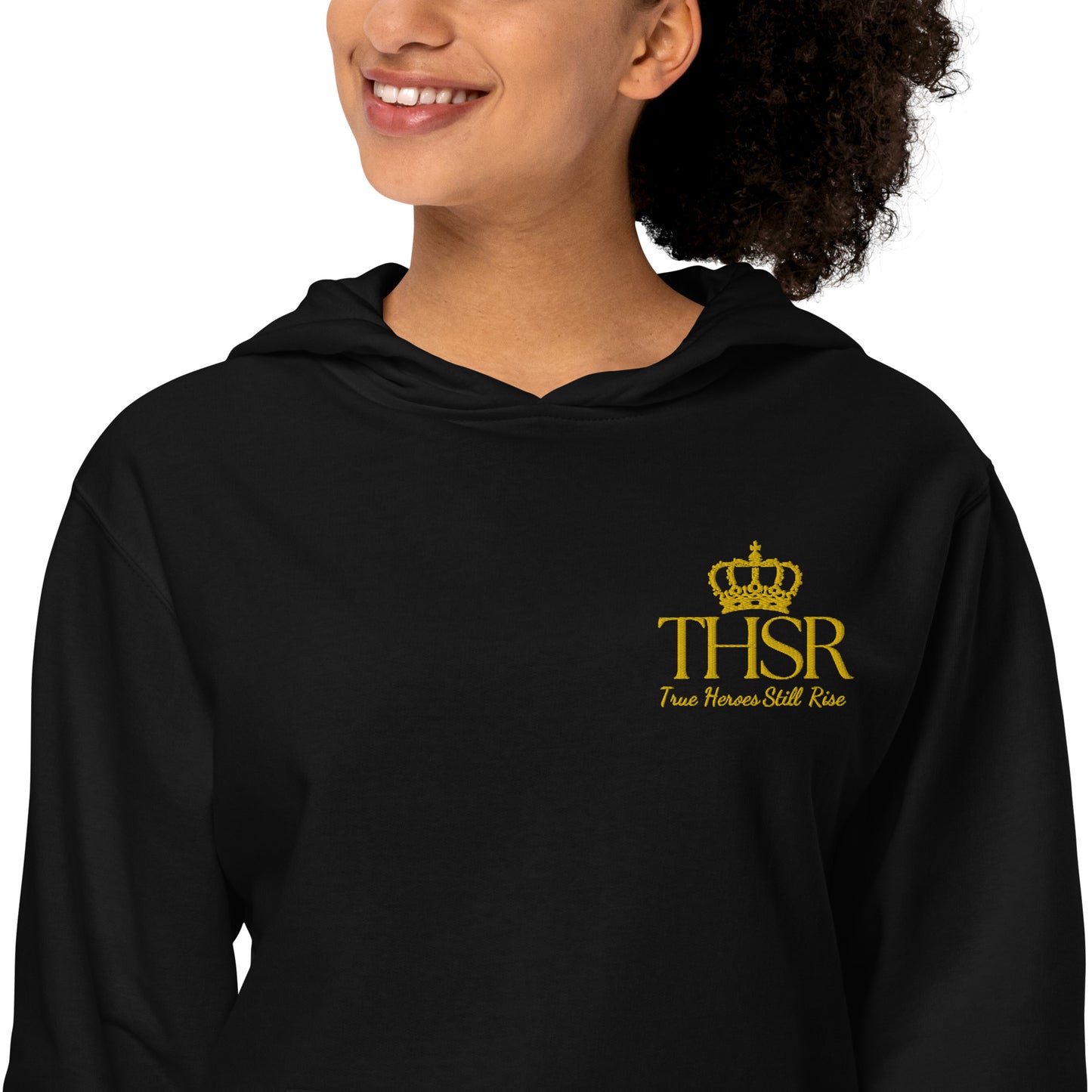 THSR Adult Pullover Hoodie with Left-Chest Logo – Black or White Pullover Hoodies Featuring Gold "THSR True Heroes Still Rise" under a crown Design for Adults