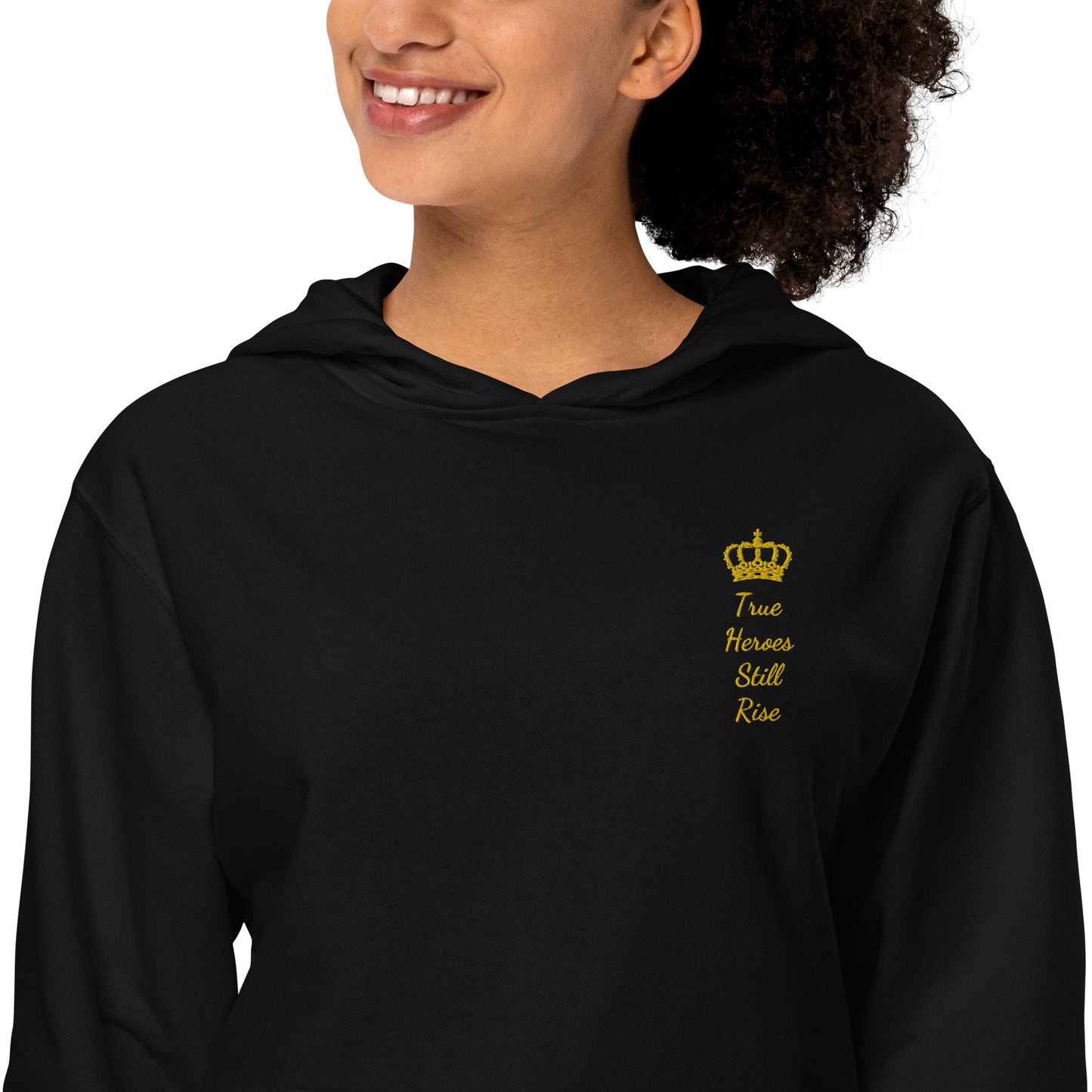 THSR Adult Pullover Hoodie with Left-Chest Logo – Black or White Pullover Hoodies Featuring Gold "True Heroes Still Rise" under a crown Design for Adults