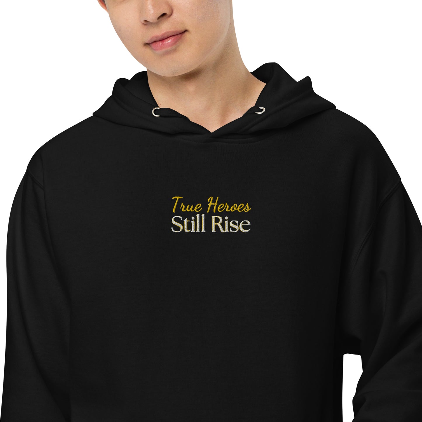 THSR Adult Pullover Hoodie with Center-Chest Logo – Black or White Pullover Hoodies Featuring Bold Gold and White "True Heroes Still Rise" Design for Adults