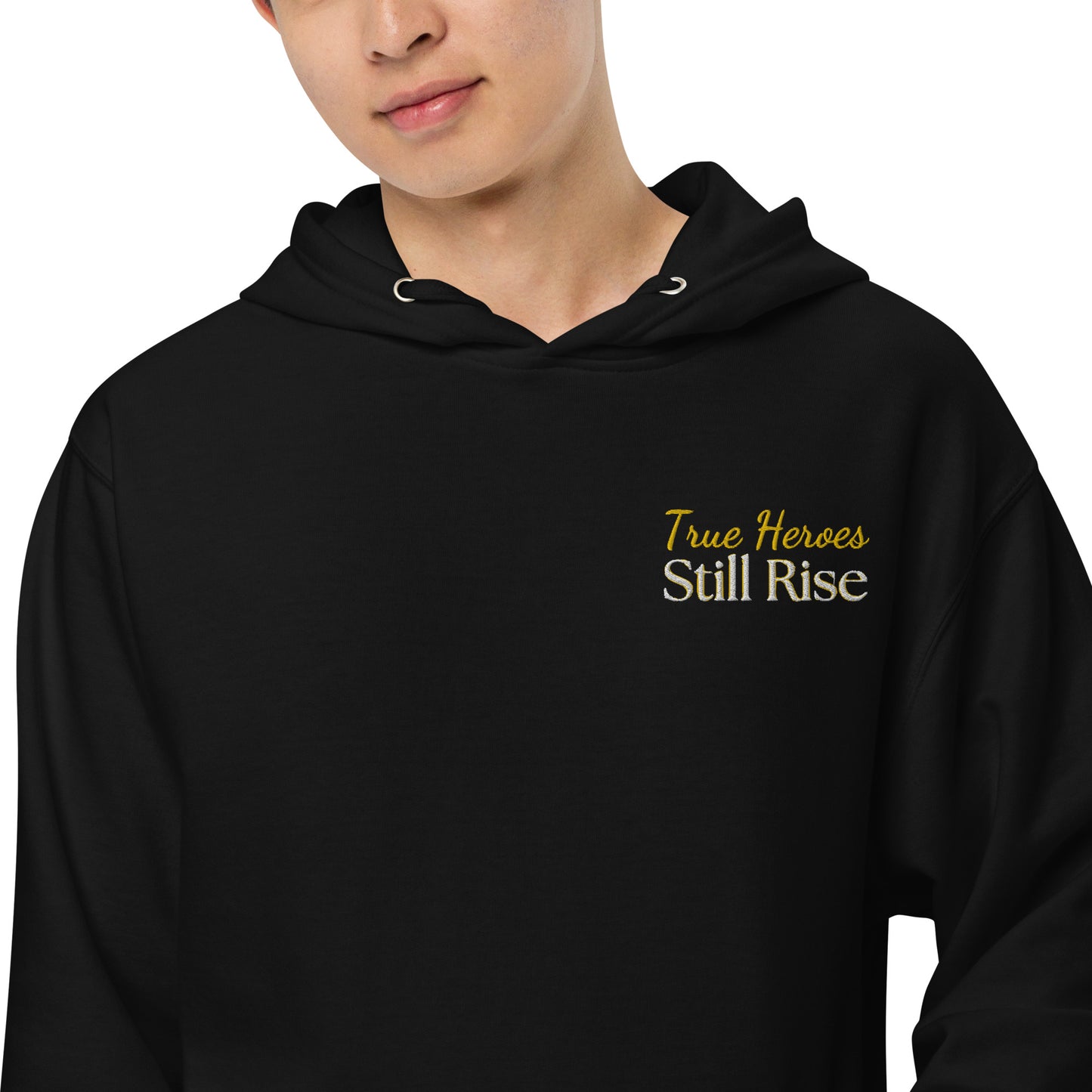 THSR Adult Pullover Hoodie with Left-Chest Logo – Black or White Pullover Hoodies Featuring Bold Gold and White "True Heroes Still Rise" Design for Adults