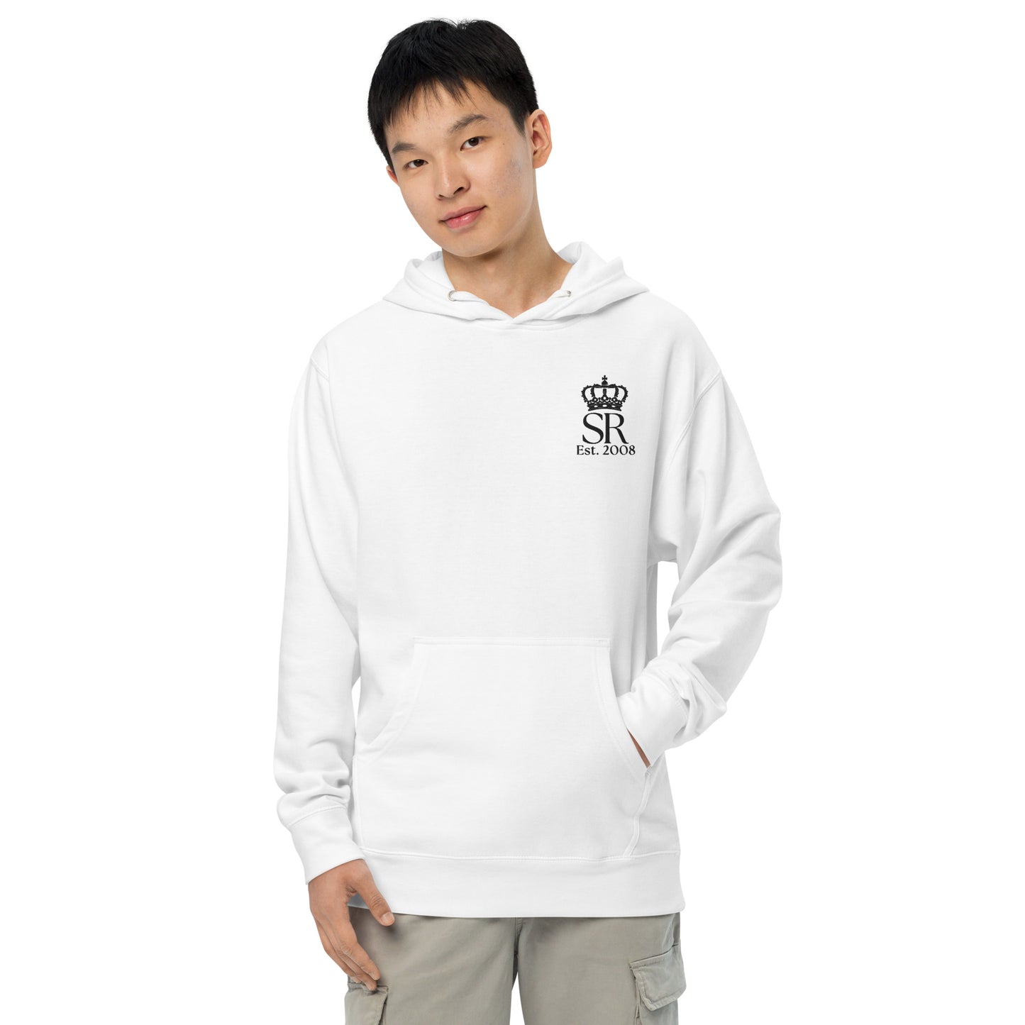 THSR Adult Pullover Hoodie with Left-Chest Logo – White Pullover Hoodies Featuring Black "SR Est. 2008" under a crown Design for Adults