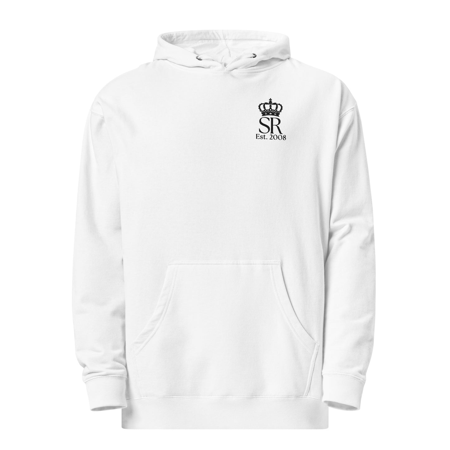 THSR Adult Pullover Hoodie with Left-Chest Logo – White Pullover Hoodies Featuring Black "SR Est. 2008" under a crown Design for Adults