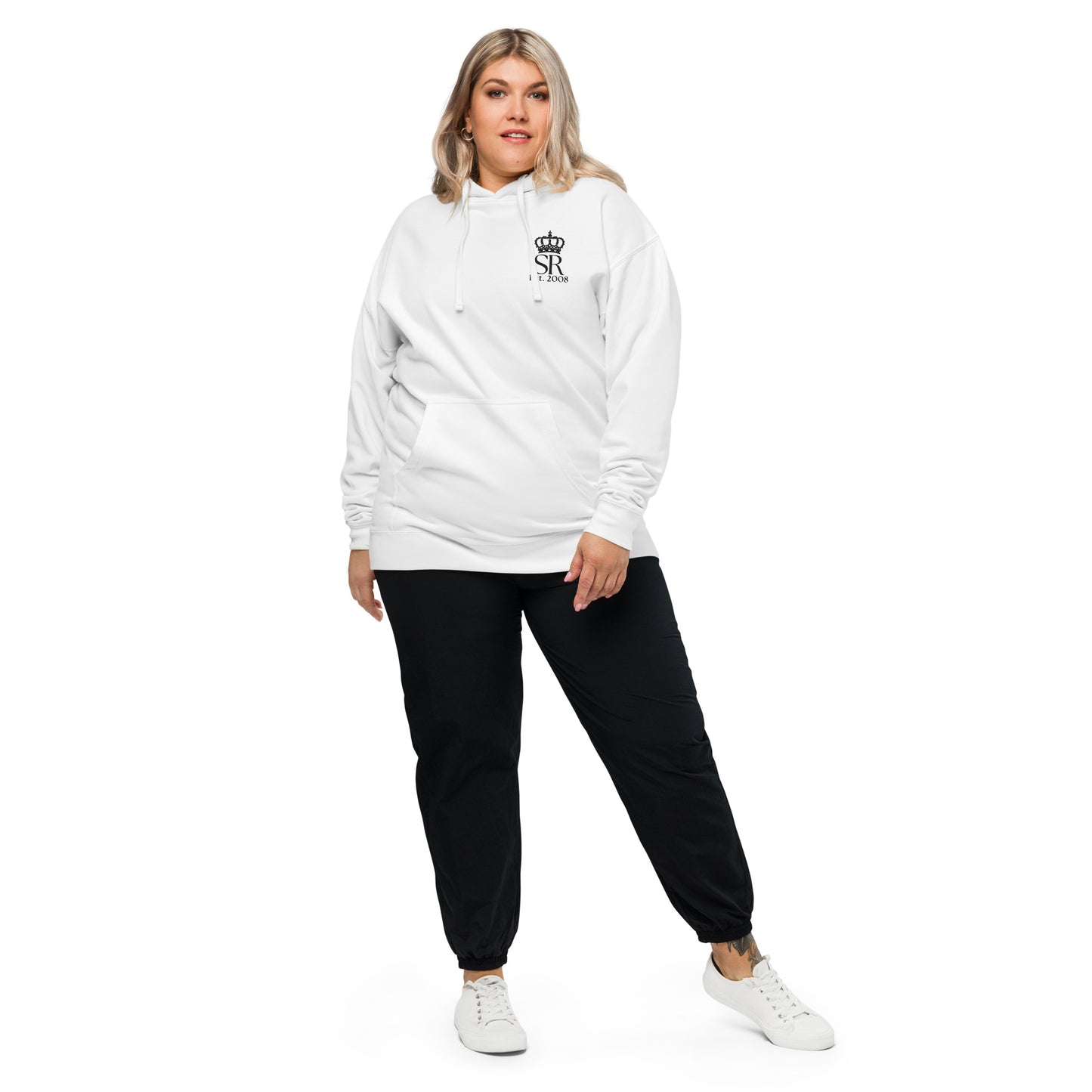 THSR Adult Pullover Hoodie with Left-Chest Logo – White Pullover Hoodies Featuring Black "SR Est. 2008" under a crown Design for Adults