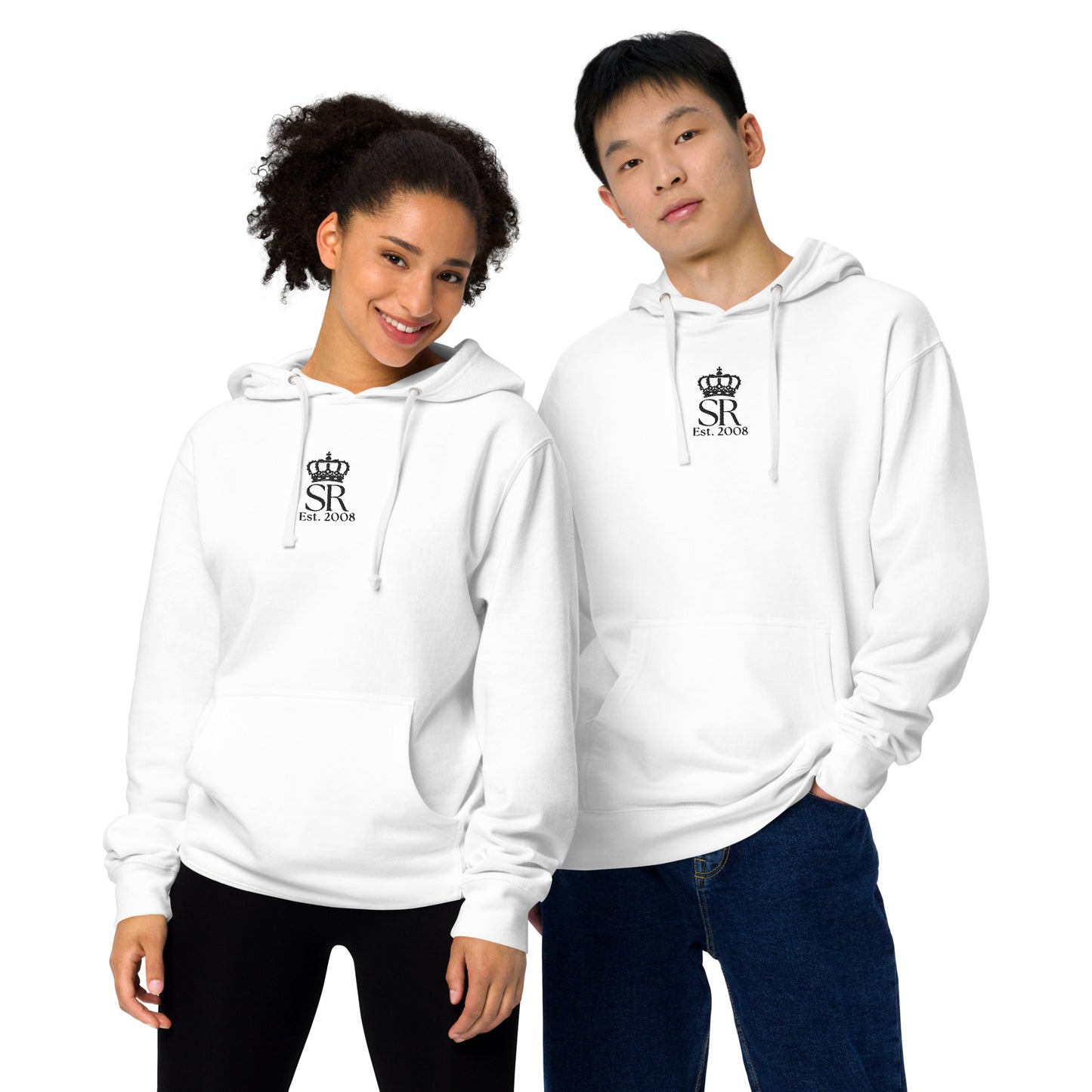 THSR Adult Pullover Hoodie with Left-Chest Logo – White Pullover Hoodies Featuring Black "SR Est. 2008" under a crown Design for Adults