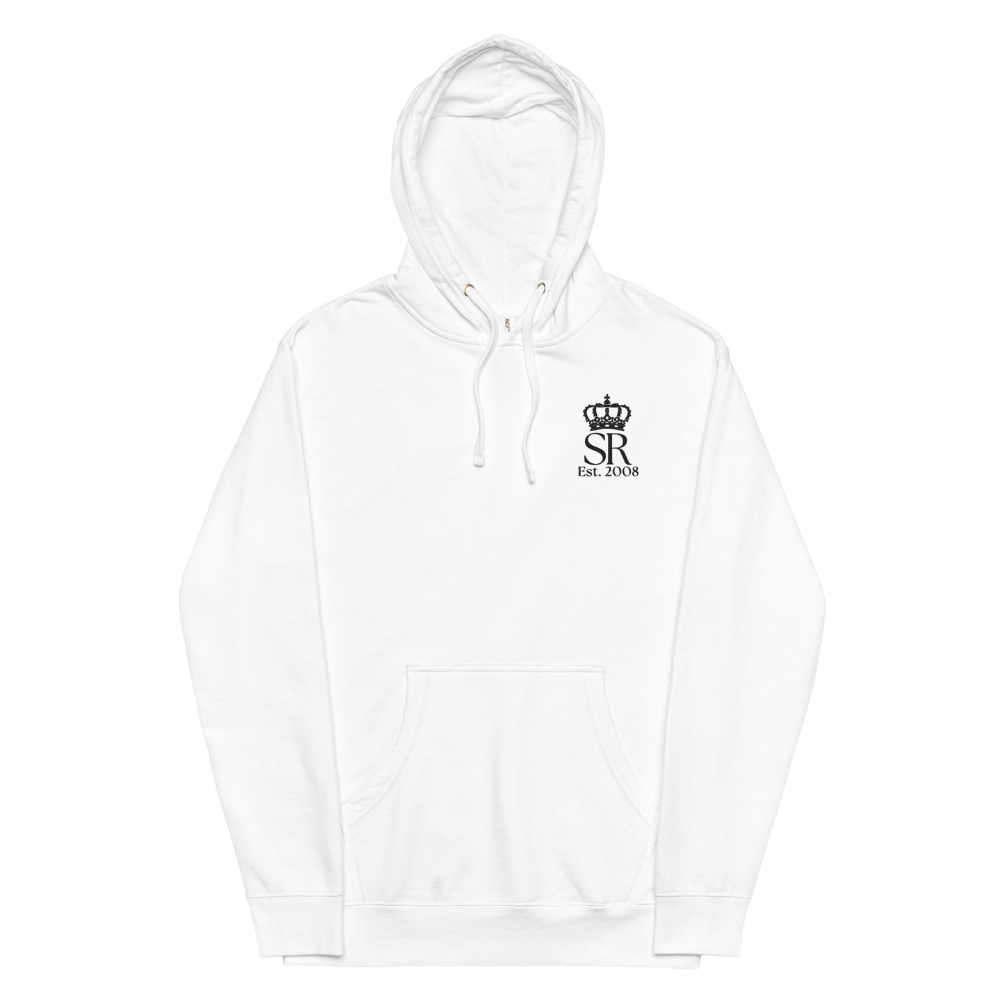 THSR Adult Pullover Hoodie with Left-Chest Logo – White Pullover Hoodies Featuring Black "SR Est. 2008" under a crown Design for Adults