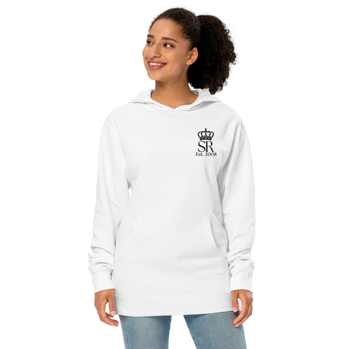 THSR Adult Pullover Hoodie with Left-Chest Logo – White Pullover Hoodies Featuring Black "SR Est. 2008" under a crown Design for Adults